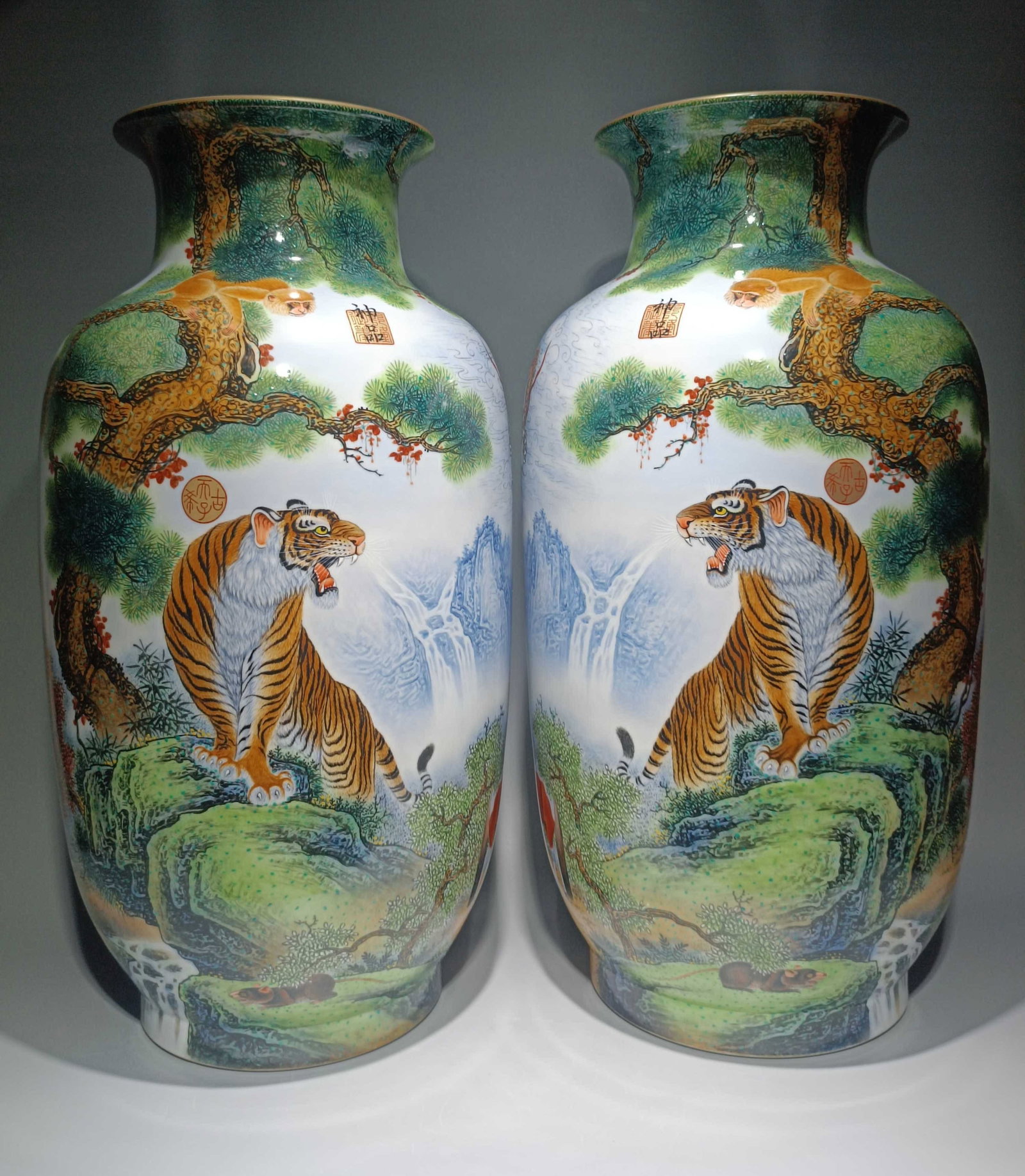 A Pair of Huge Enamel Painted Gold the Twelve Chinese Zodiac Signs Pattern Vases,With Poem: A Pair of Huge Enamel Painted Gold the Twelve Chinese Zodiac Signs Pattern Vases,With Poem,Qing Dynasty,China,Qianlong Four-character Mark,Size:23.6inx11.8in 一对珐琅彩&#