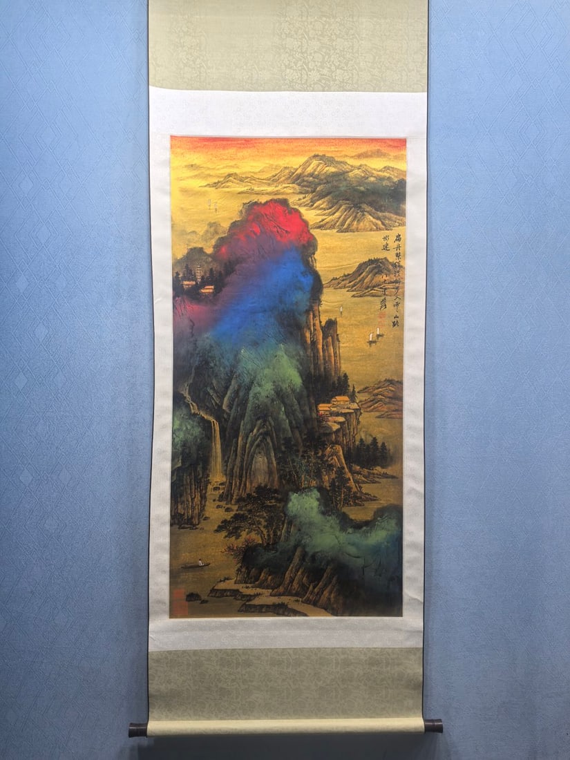 A Chinese Vertical Scroll Ink Painting of Landscape on Paper,Zhang Daqian: A Chinese Vertical Scroll Ink Painting of Landscape on Paper,Zhang Daqian,Size:(Without frame)25.7inx52.8in