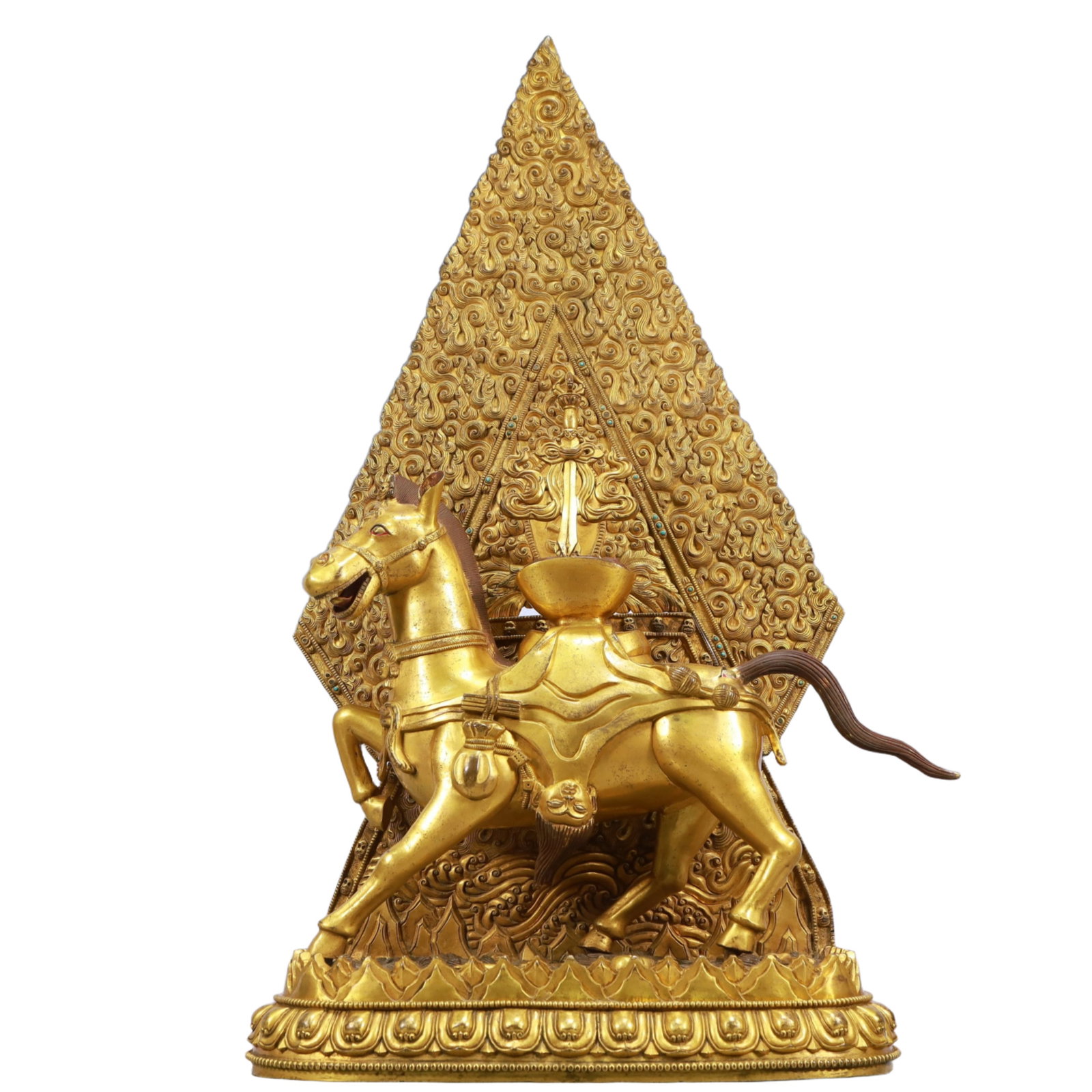 A Solemn Gilt Bronze Horse Ornament,With Inscription,Inlaid Turquoise: A Solemn Gilt Bronze Horse Ornament,With Inscription,Inlaid Turquoise,Ming Dynasty, China,Size:14.2inx13.4inx27.6in,Weight:24150g