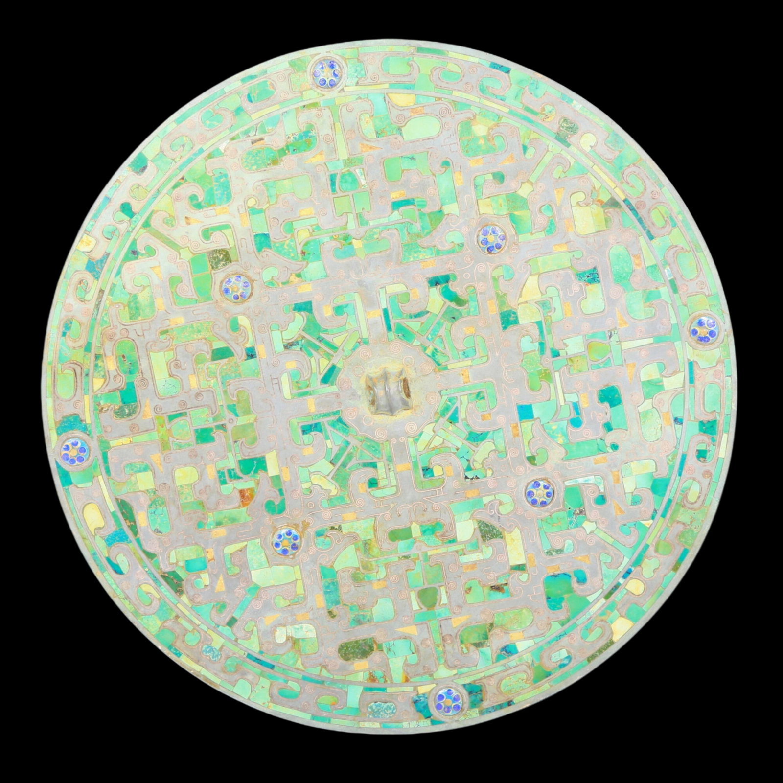 A precious round bronze mirror inlaid with gold and turquoise: A precious bronze inlaid with gold and turquoise round mirror, ancient times, Size: 8.1in, Weight: 1270g 铜嵌金和绿松石圆镜，远古