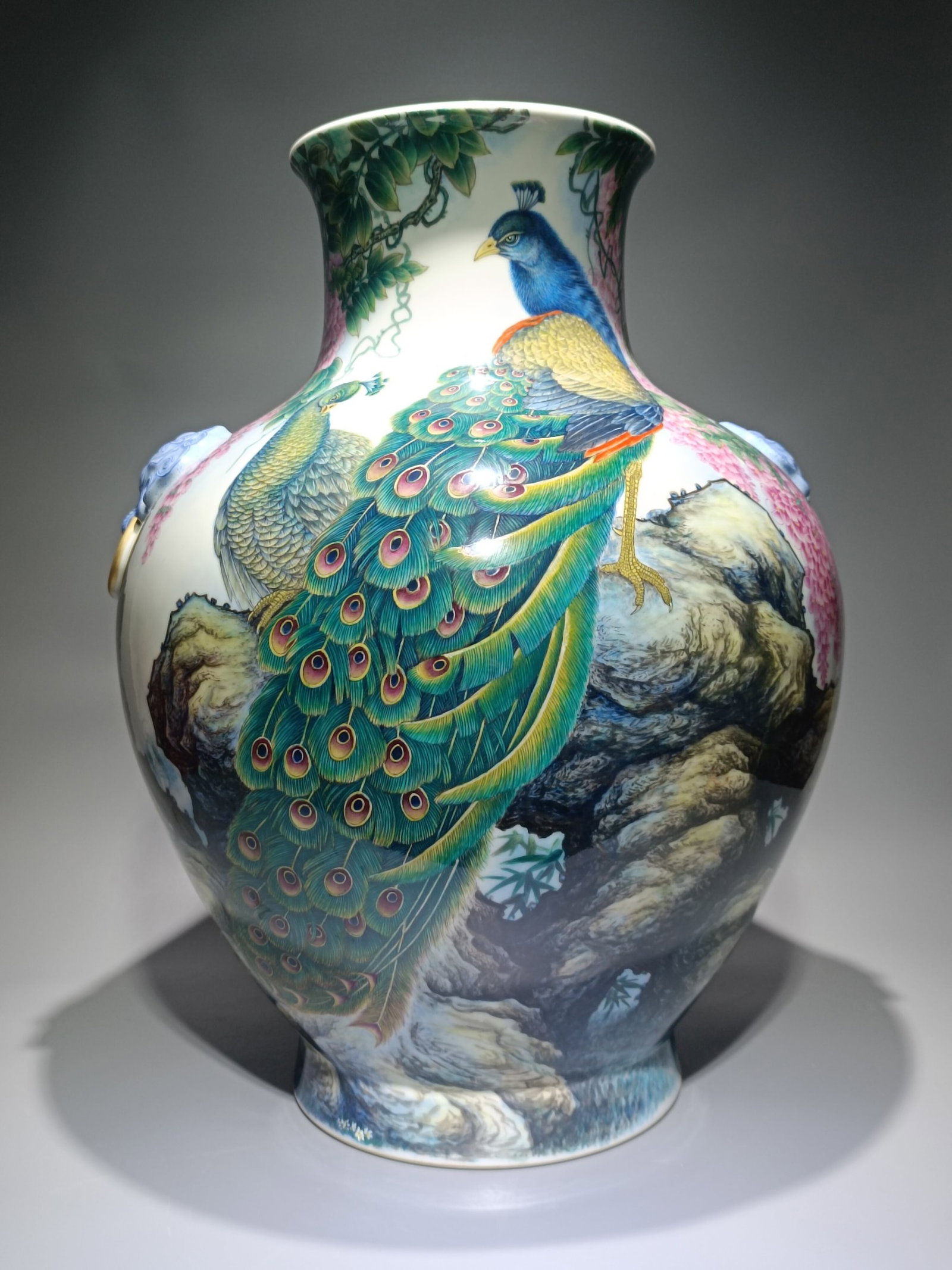 A Huge Enamel Flower and Peacock Pattern Beast-Ears Vase,With Poem (1 of 9)