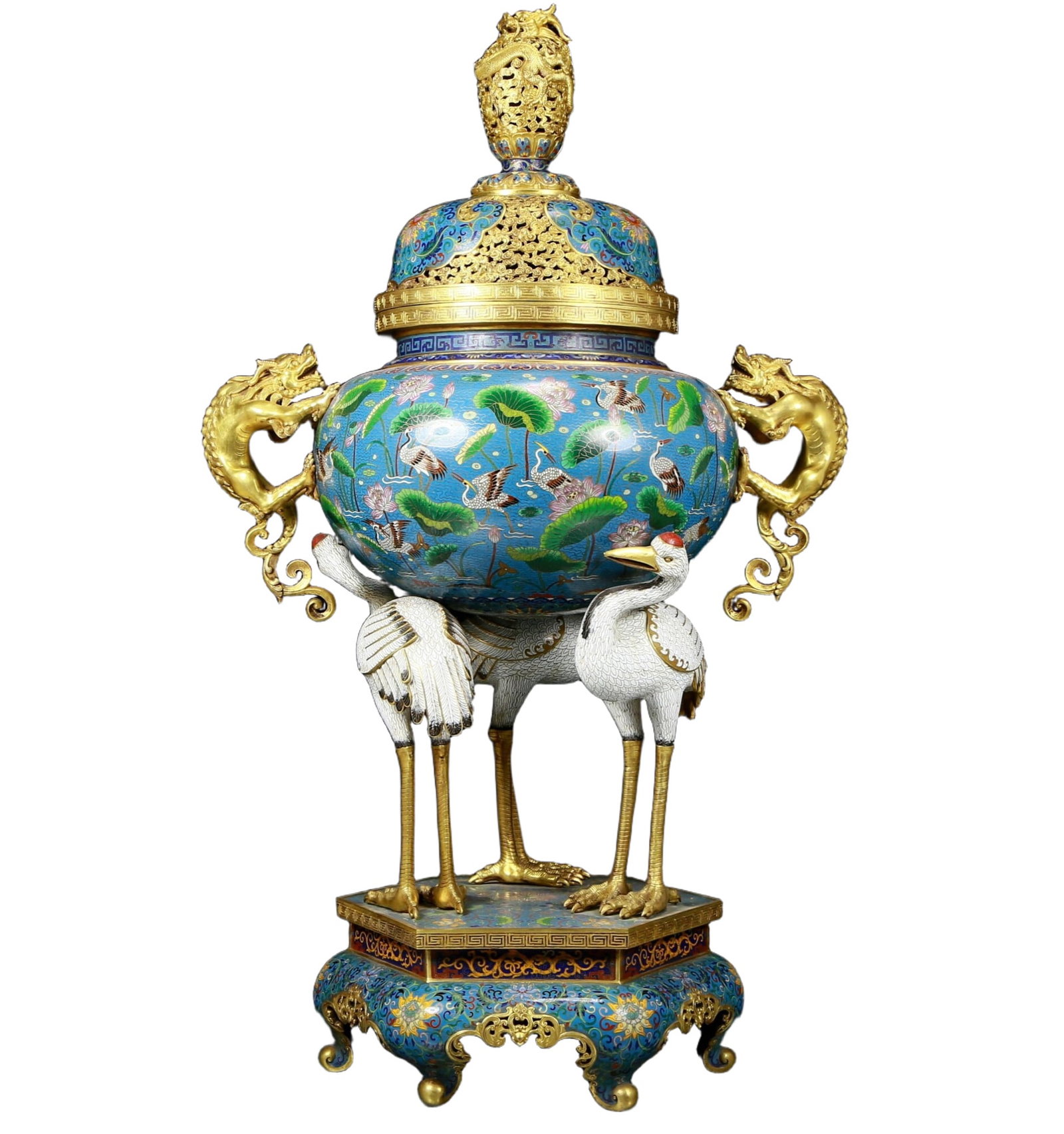 A Huge Cloisonne Flower and Bird Pattern Dragon-Ears Censer: A Huge Cloisonne Flower and Bird Pattern Dragon-Ears Censer，Qing Dynasty, China，Qianlong Four-character Mark，Size:23.6inx15inx41.3in，Weight:41.50kg 景泰蓝