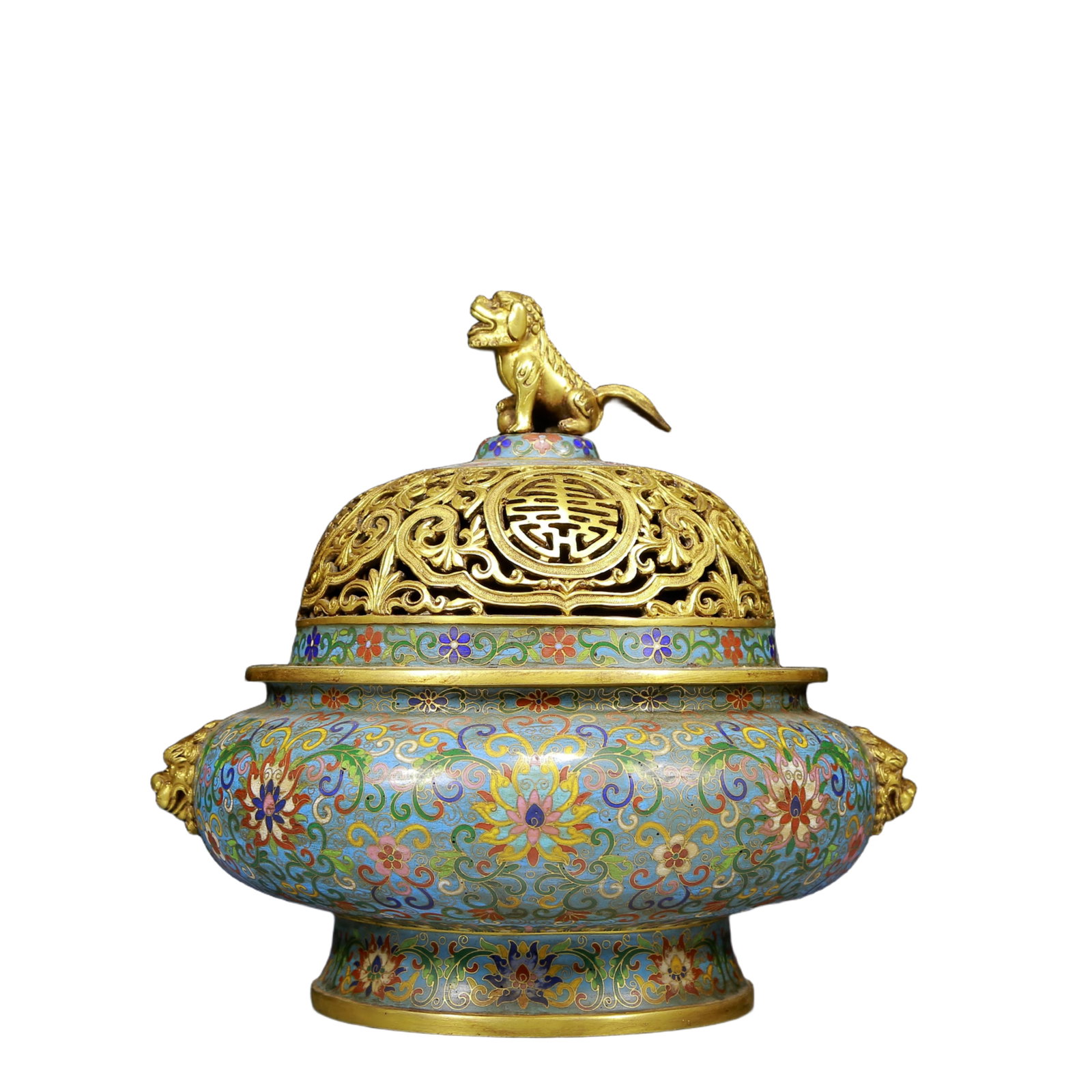 An Exquisite Cloisonne Hollow Lotus Pattern Double-Ears Censer: An Exquisite Cloisonne Hollow Lotus Pattern Double-Ears Censer,Qing Dynasty, China,Qianlong Four-character Mark,Size:11.4inx9.8inx10.6in,Weight:7600g 景泰蓝镂空缠&#