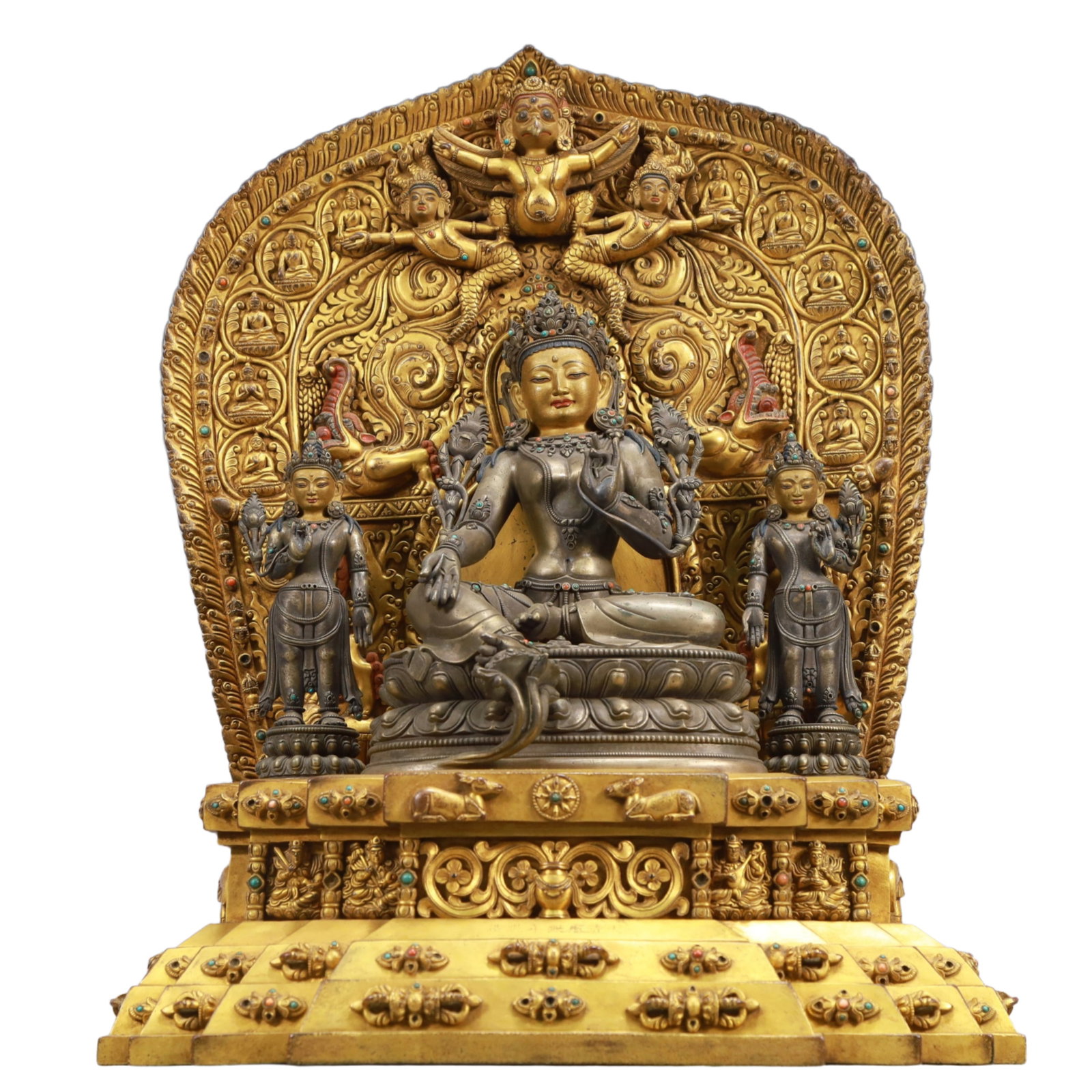 A Solemn Gilt Bronze Statue of Tara,Inlaid Turquoise: A Solemn Gilt Bronze Statue of Tara,Inlaid Turquoise,Qing Dynasty, China,Kangxi Seven-character Mark,Size:14.2inx8.3inx18.5in,Weight:19200g 铜鎏金度母像,嵌