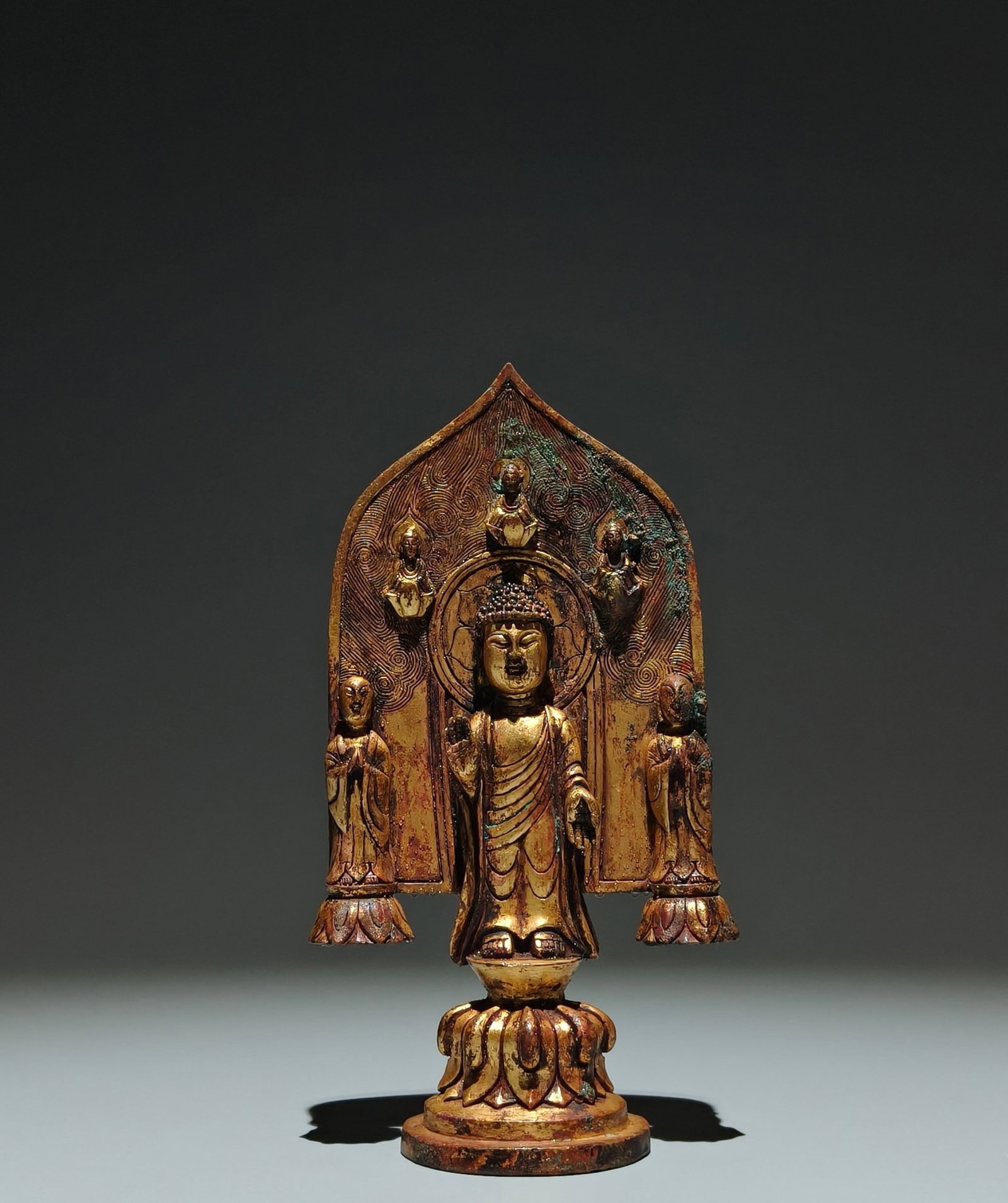 A Solemn Gilt Bronze Statue of Sakyamuni,With Inscription: A Solemn Gilt Bronze Statue of Sakyamuni,With Inscription,Tang Dynasty,China,Size:6.9inx3.7inx2in 铜鎏金释迦摩尼像,带铭文,中