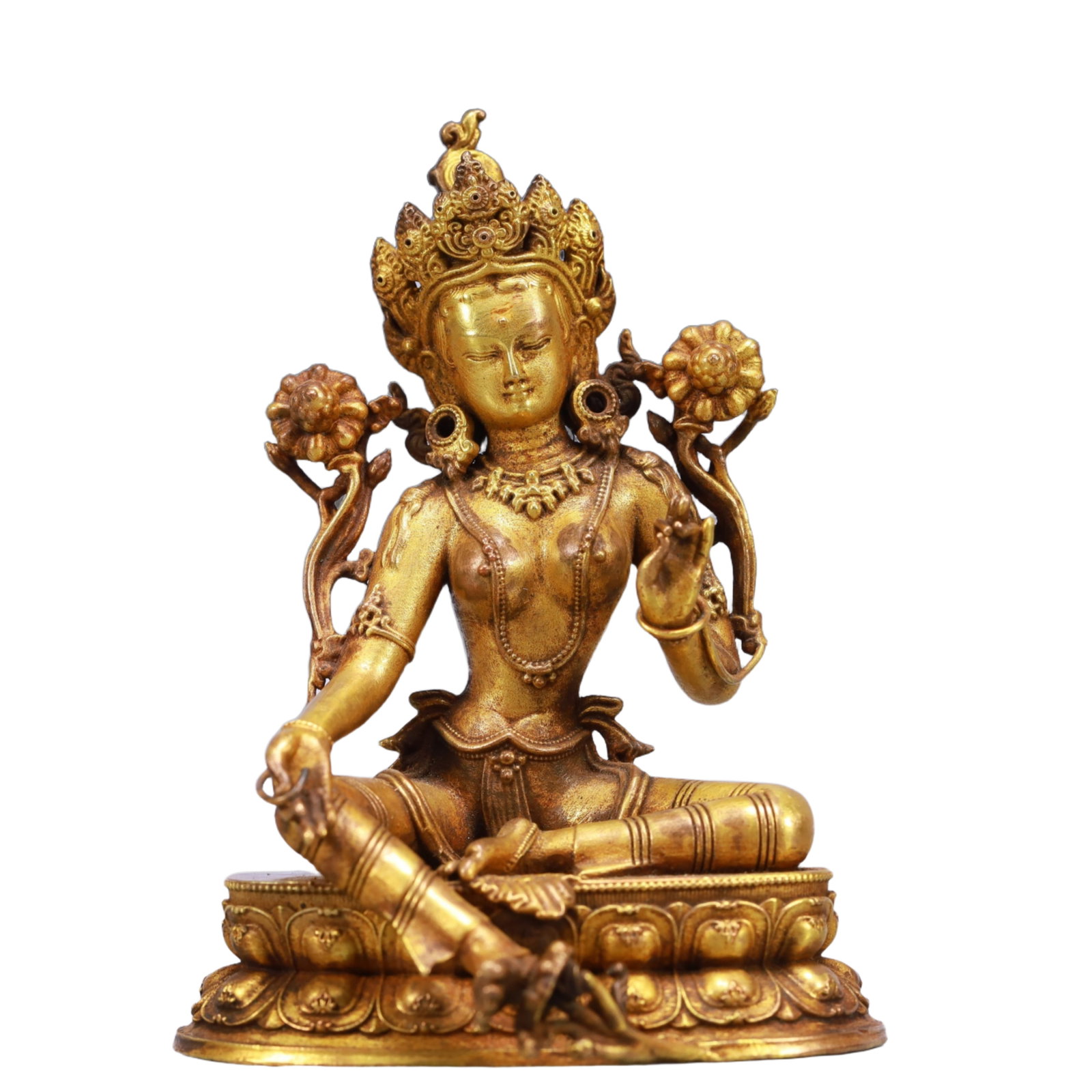 A Solemn Gilt Bronze Statue of Tara: A Solemn Gilt Bronze Statue of Tara,Qing Dynasty, China,Size:3.1inx2.8inx4.1in,Weight:354g 铜鎏金度母像,中国清代