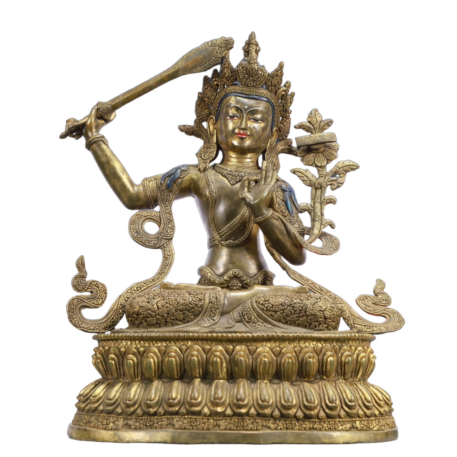 A Solemn Gilt Bronze Statue of Manjusri: A Solemn Gilt Bronze Statue of Manjusri,Ming Dynasty, China,Size:14.2inx10.2inx18.5in,Weight:11100g 铜鎏金文殊菩萨像,中国明代
