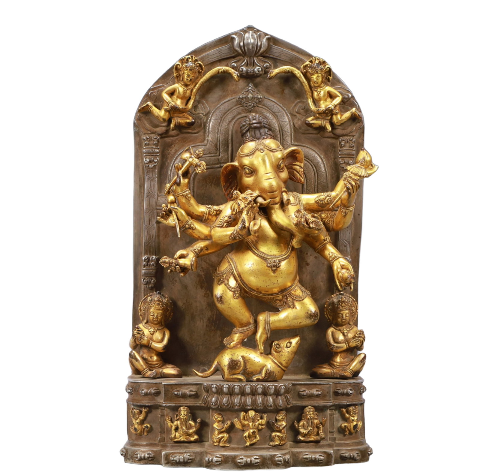 A Solemn Gilt Bronze Statue of Ganesh: A Solemn Gilt Bronze Statue of Ganesh,Ming Dynasty, China,Size:7.9inx3.3inx14.6in Weight:10300g 铜鎏金象鼻财神像,中国明代