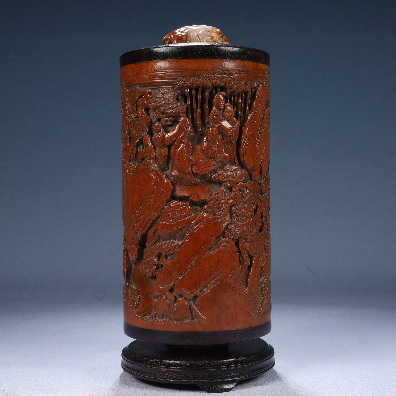 An Exquisite Zitanwood Inlaid Boxwood Landscape and Figure Pattern Tripod Censer, Inlaid White: An Exquisite Zitanwood Inlaid Boxwood Landscape and Figure Pattern Tripod Censer, Inlaid White Jade,With Poem,Qing Dynasty, China,Size:4.7inx10.6in,Weight:900g 紫檀木镶黄