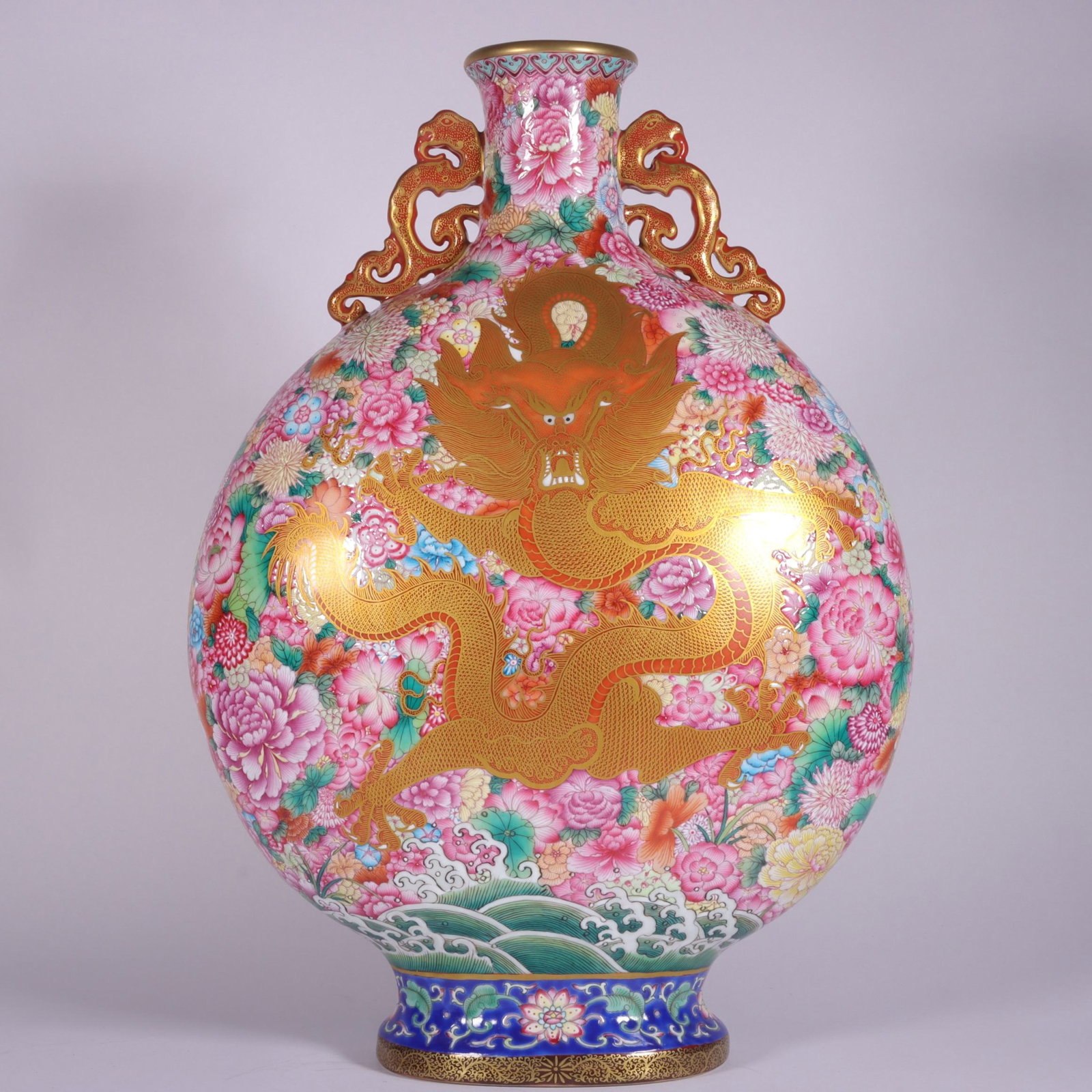 A Rare Famille-Rose Painted Gold Flower and Dragon Pattern Dragon-Ears Vase (1 of 9)