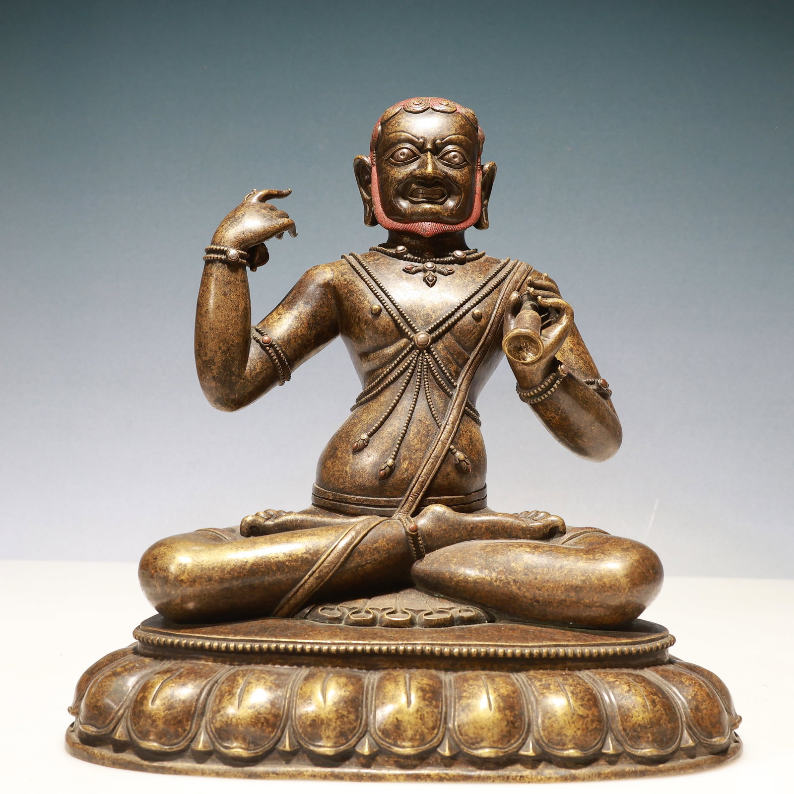 A Solemn Bronze Inlaid Silver Statue of Guru,With Inscription: A Solemn Bronze Inlaid Silver Statue of Guru,With Inscription,Qing Dynasty, China,Size:12.6inx8.3inx13.4in,Weight:6950g 铜嵌银上师像,带铭文,ߑ