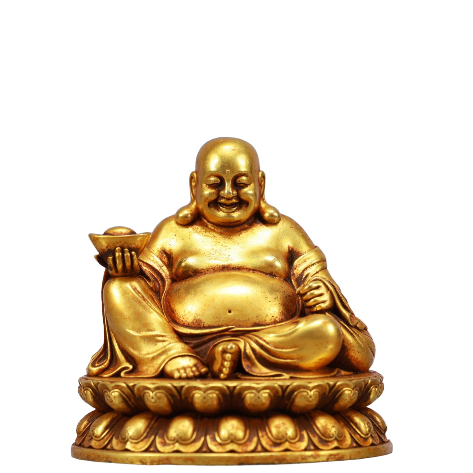 A Solemn Gilt Bronze Statue of Maitreya Buddha: A Solemn Gilt Bronze Statue of Maitreya Buddha,Ming Dynasty, China,Yongle Six-character Mark,Size:2.8inx2.2inx2.6in,Weight:708g 铜鎏金弥勒佛像,中国