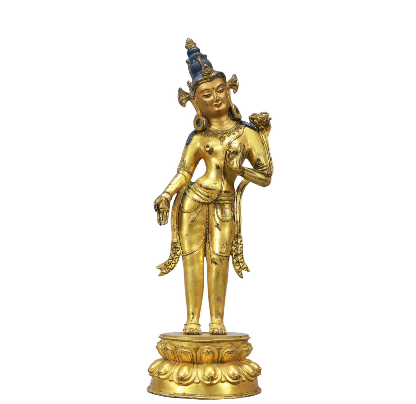 A Solemn Gilt Bronze Statue of Avalokitesvara: A Solemn Gilt Bronze Statue of Avalokitesvara,Ming Dynasty, China,Size:4.7inx15in Weight:2800g 铜鎏金观音菩萨像,中国明代