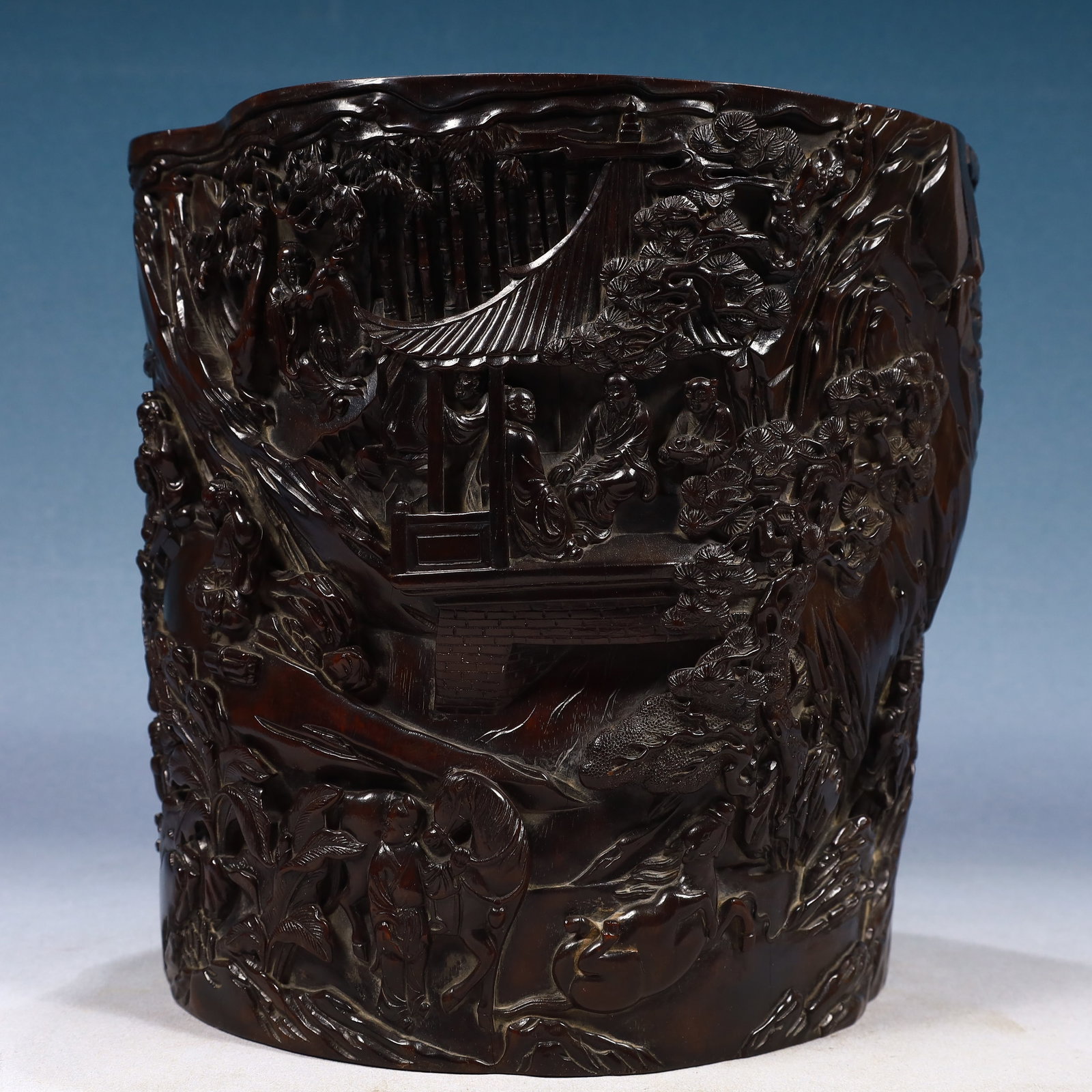 An Exquisite Zitanwood Landscape and Figure Pattern Brush Pot,With Poem: An Exquisite Zitanwood Landscape and Figure Pattern Brush Pot,With Poem,Qing Dynasty, China,Size:11inx9.4inx10.6in,Weight:8350g 紫檀木山水人物纹笔