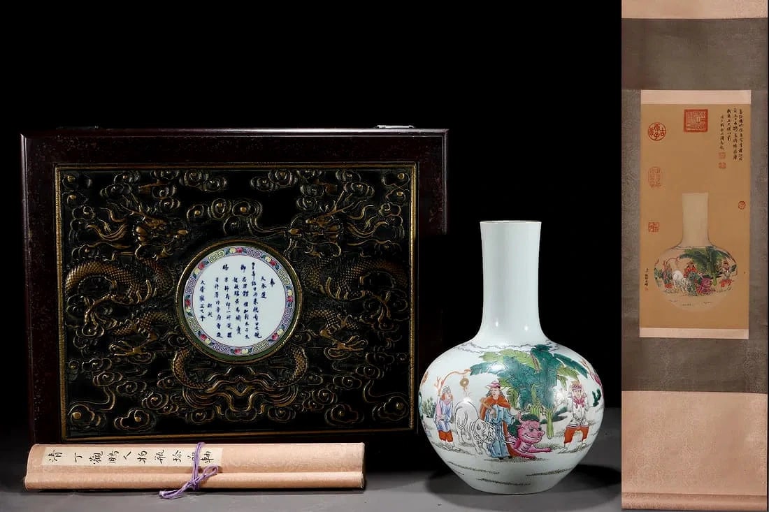 A Rare Famille-Rose Character and Story Pattern Vase,With Vertical Scroll Painting on Silk: A Rare Famille-Rose Character and Story Pattern Vase,With Vertical Scroll Painting on Silk,Qing Dynasty, China,Yongzheng Six-character Mark,Size: Vase11.8inx8in;Painting22inx10.8in