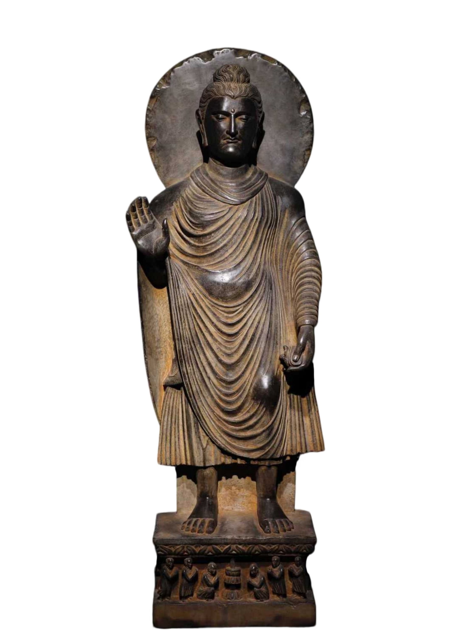 A Solemn Schistose Statue of Gandhara: A Solemn Schistose Statue of Gandhara,N.Qi,China,Size:48inx16.5inx8.3in 片岩石犍陀罗像,中国北齐时期