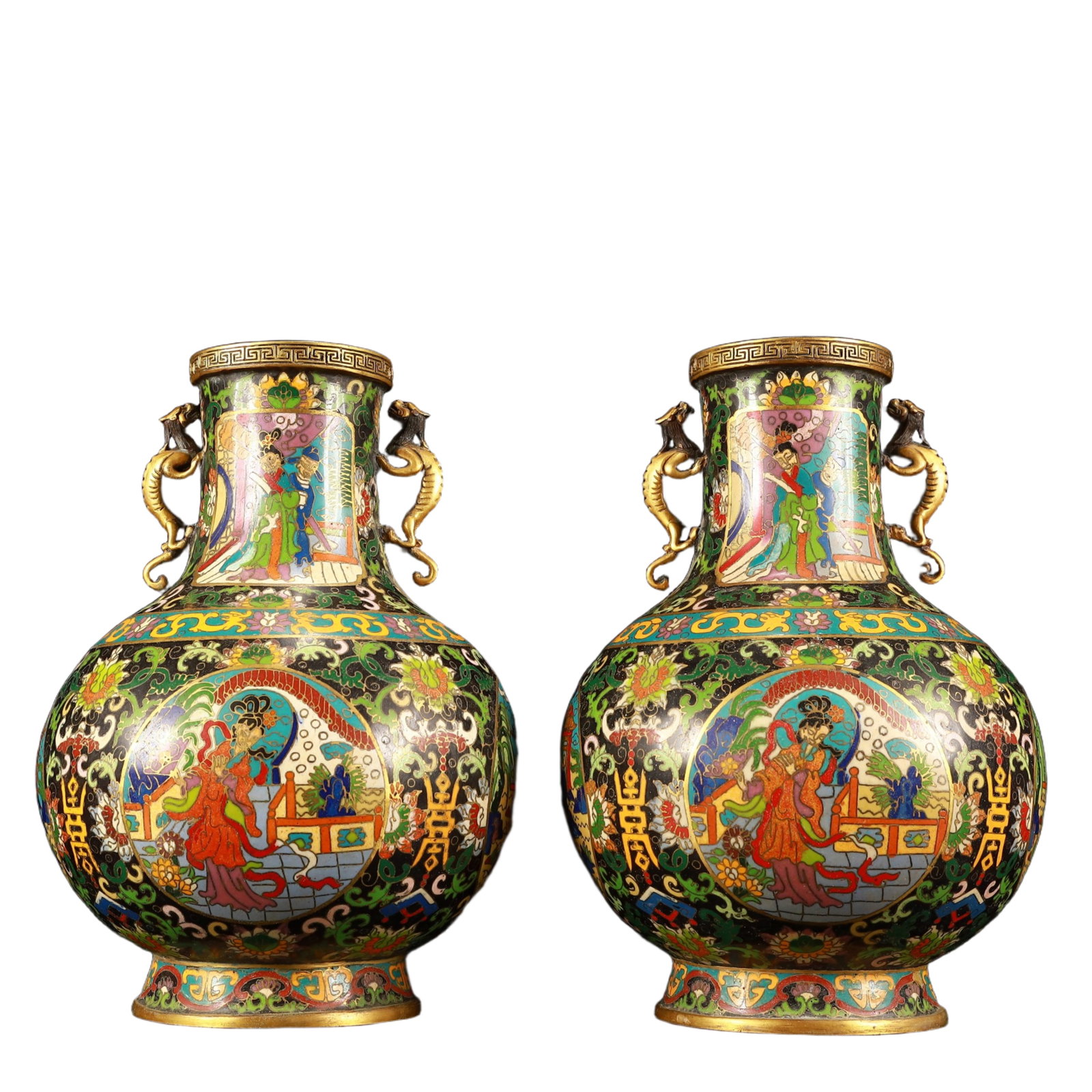 A Pair of Exquisite Cloisonne Lotus and Figure Pattern Dragon-Ears Vase: A Pair of Exquisite Cloisonne Lotus and Figure Pattern Dragon-Ears Vase,(A type of enamelware with metal wires separating colored glaze, originating in China),Ming Dynasty,China,Xuande