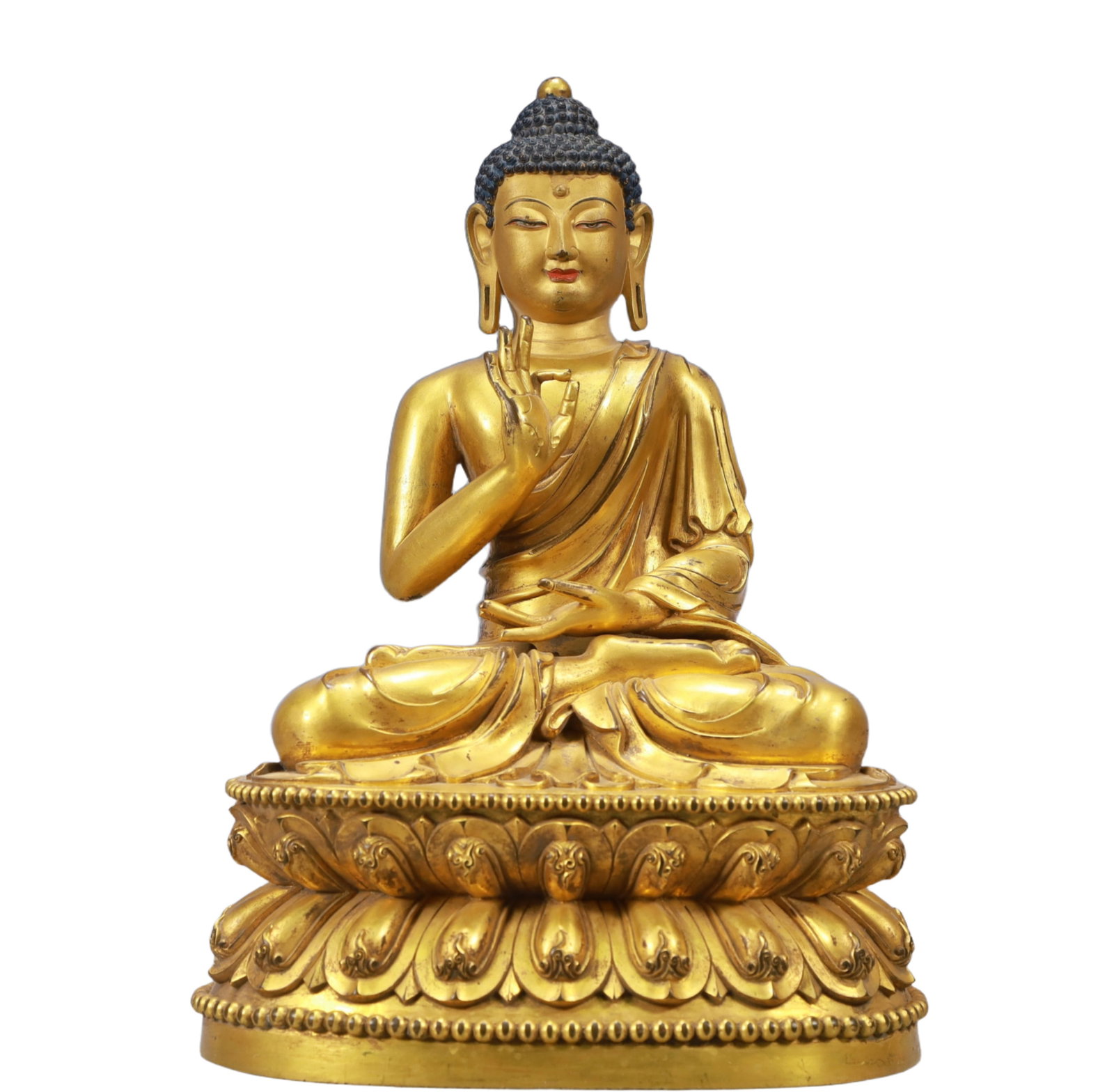 A Solemn Gilt Bronze Statue of Sakyamuni: A Solemn Gilt Bronze Statue of Sakyamuni ,Ming Dynasty, China,Xuande Six-character Mark,Size:7.9inx5.9inx11.4in Weight:5780g 铜鎏金释迦牟尼像,中&#