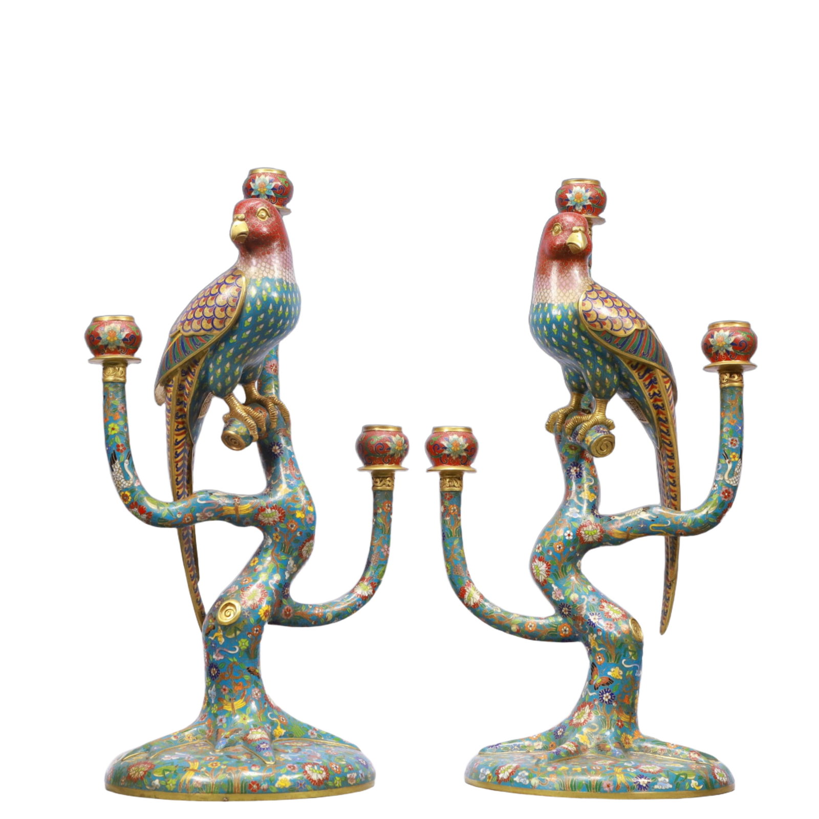 A Pair of Monumental Cloisonne Quail Flower Pattern Candlesticks: A Pair of Monumental Cloisonne Quail Flower Pattern Candlesticks,Qing Dynasty, China,Qianlong Four-character Mark,Size:12.2inx8.7inx22.8in Weight:18400g 一对景泰蓝鹌