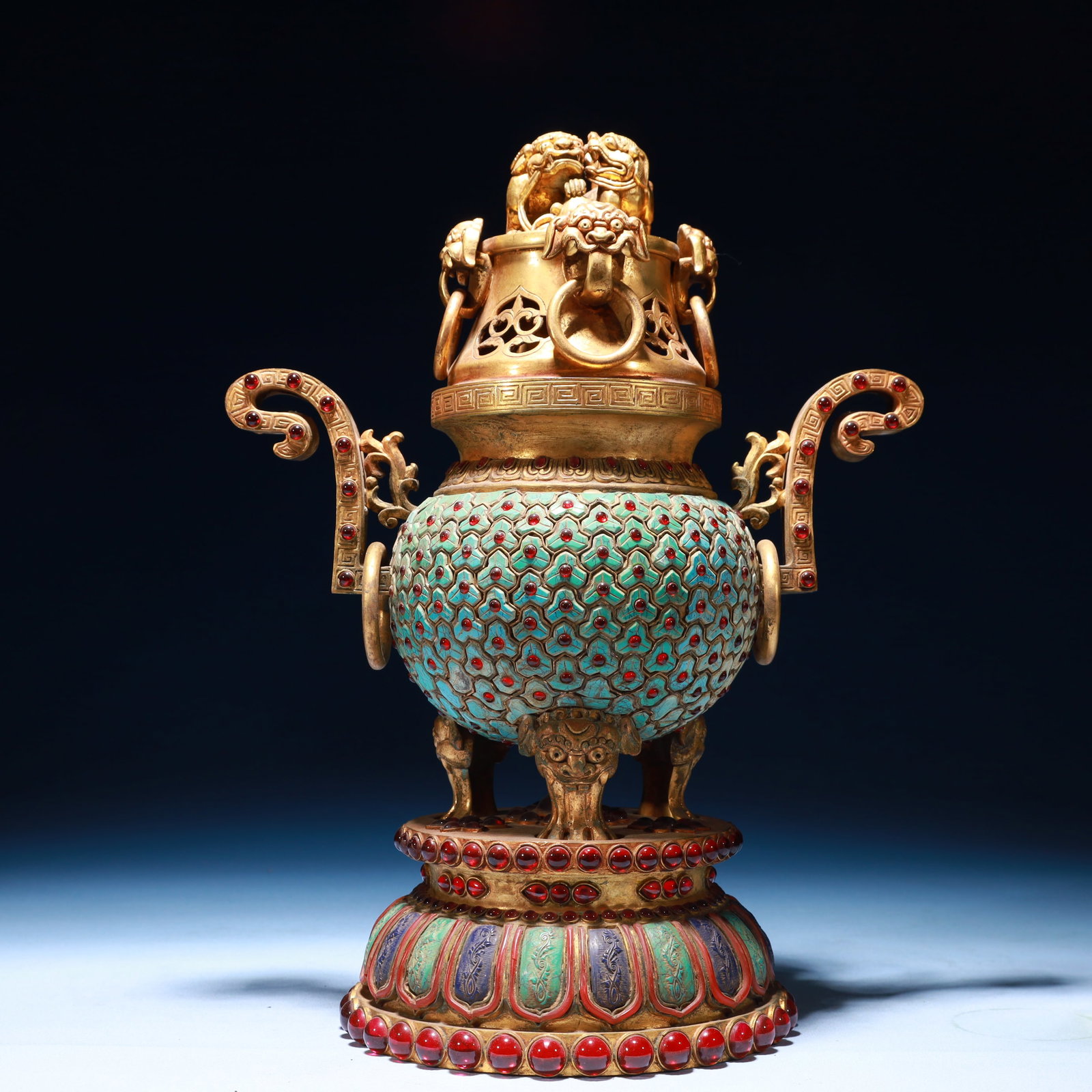An Exquisite Gilt Bronze Double-Ears Beast Legs Censer,Inlaid Turquoise,with Base: An Exquisite Gilt Bronze Double-Ears Beast Legs Censer,Inlaid Turquoise,with Base,Qing Dynasty,China,Qianlong Four-character Mark,Size:9.8inx5.5inx13.4in,Weight:3950g