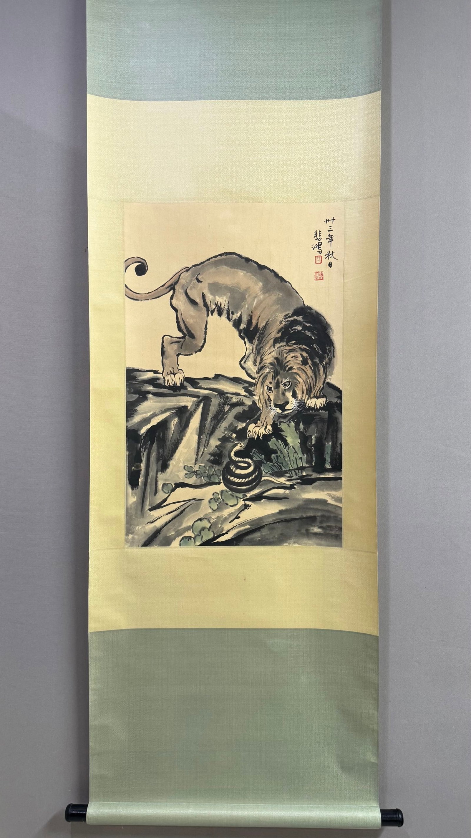 A Chinese Vertical Scroll Ink Painting of Lion on Paper,Xu Beihong: A Chinese Vertical Scroll Ink Painting of Lion on Paper,Xu Beihong,Size:29.1inx18.5in 一幅中国水墨狮子图立轴,徐悲鸿