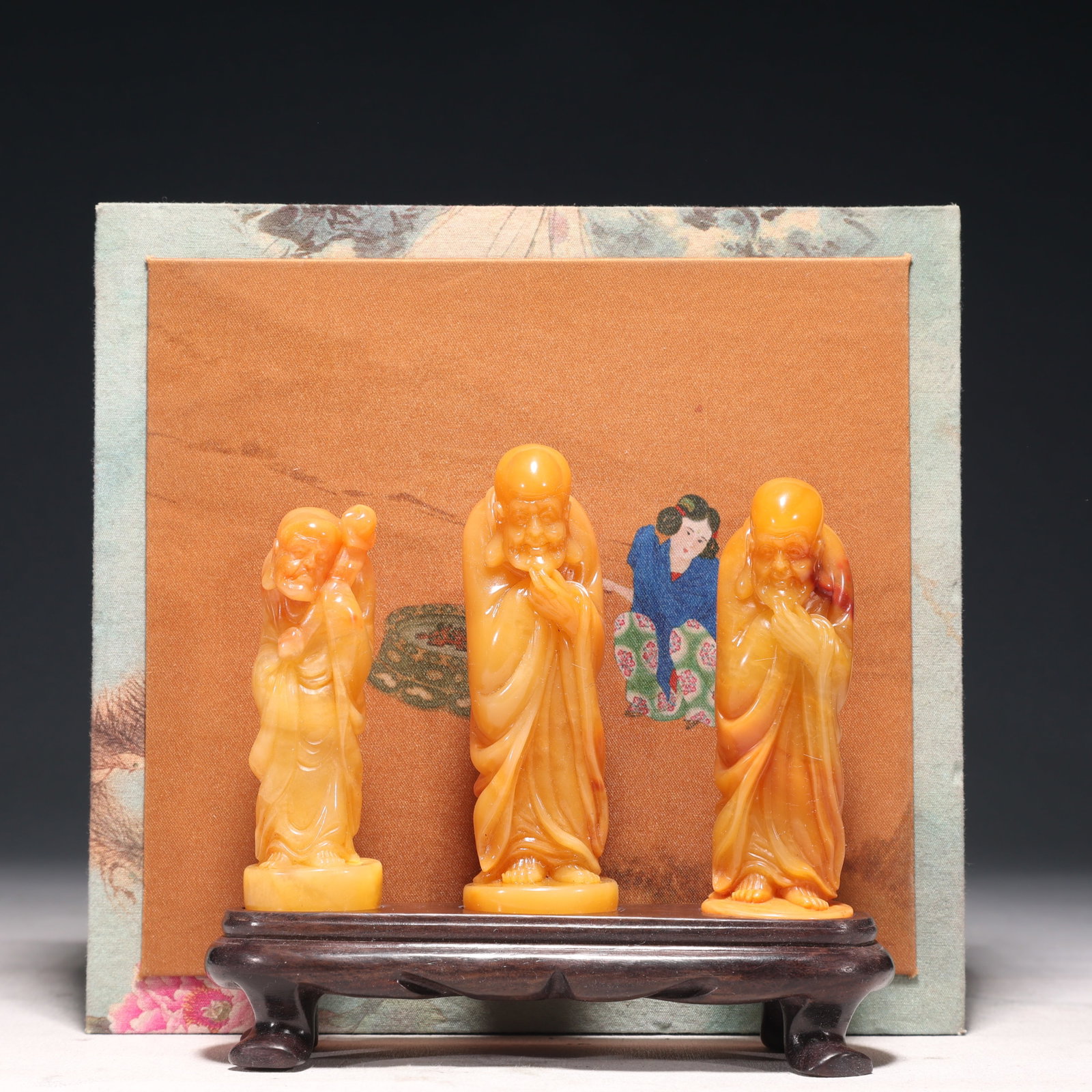 A Set of Fine Tianhuang Stone Statue of Arhat Ornaments: A Set of Fine Tianhuang Stone Statue of Arhat Ornaments,Qing Dynasty,China,Lin Qianpei Mark,Size:1.4inx4.1in,(Box)7.9inx7.5inx2.8in,Weight:350g
