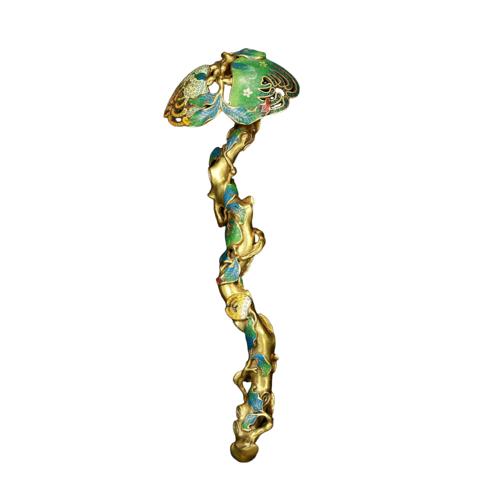 A Superb Cloisonne 'Finger Citron' Ruyi-Scepter: A Superb Cloisonne 'Finger Citron' Ruyi-Scepter. The fruit extended to elongated sinuous 'fingers' with furled ends, borne on gnarled, leafy stems. Chinese Qing Dynasty. Qianlong Four-Character Mark. 