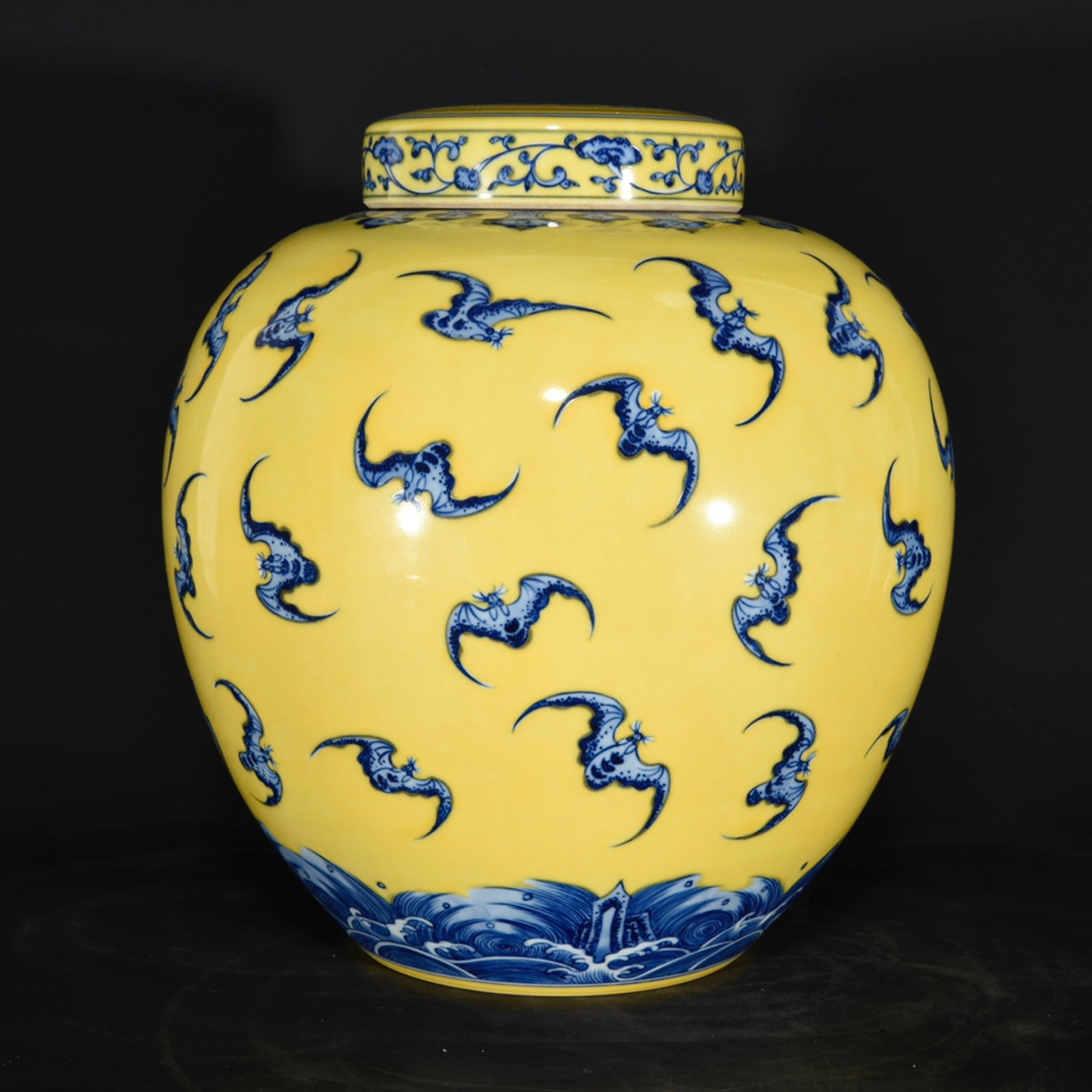A Rare Yellow Glazed Blue and White Seawater and Bats Pattern Jar with Cover: A Rare Yellow Glazed Blue and White Seawater and Bats Pattern Jar with Cover,Qing Dynasty, China,Yongzheng Six-character Mark,Size:13.4inx9.4in 黄釉青花海水蝙