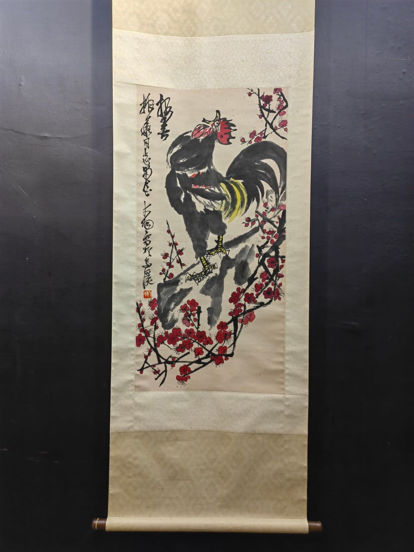 A Chinese Vertical Scroll Ink Painting of Plum Blossom and Rooster on Paper,Chen Dayu: A Chinese Vertical Scroll Ink Painting of Plum Blossom and Rooster on Paper,Chen Dayu,Size:18.9inx38.5in 一幅中国水墨梅花公鸡图立