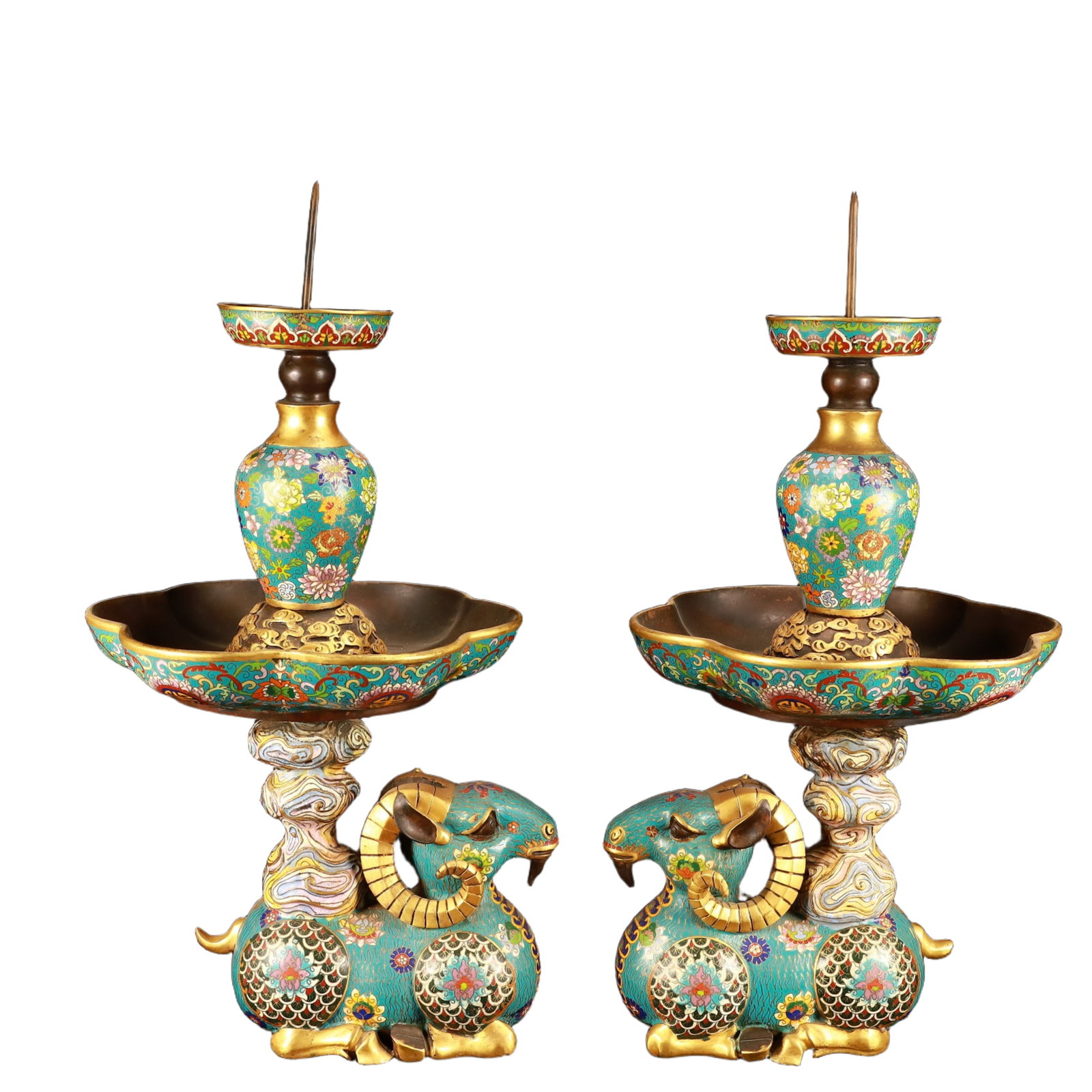 A Pair of Huge Cloisonne Flower Pattern Sheep-Shaped Candlestick (1 of 14)