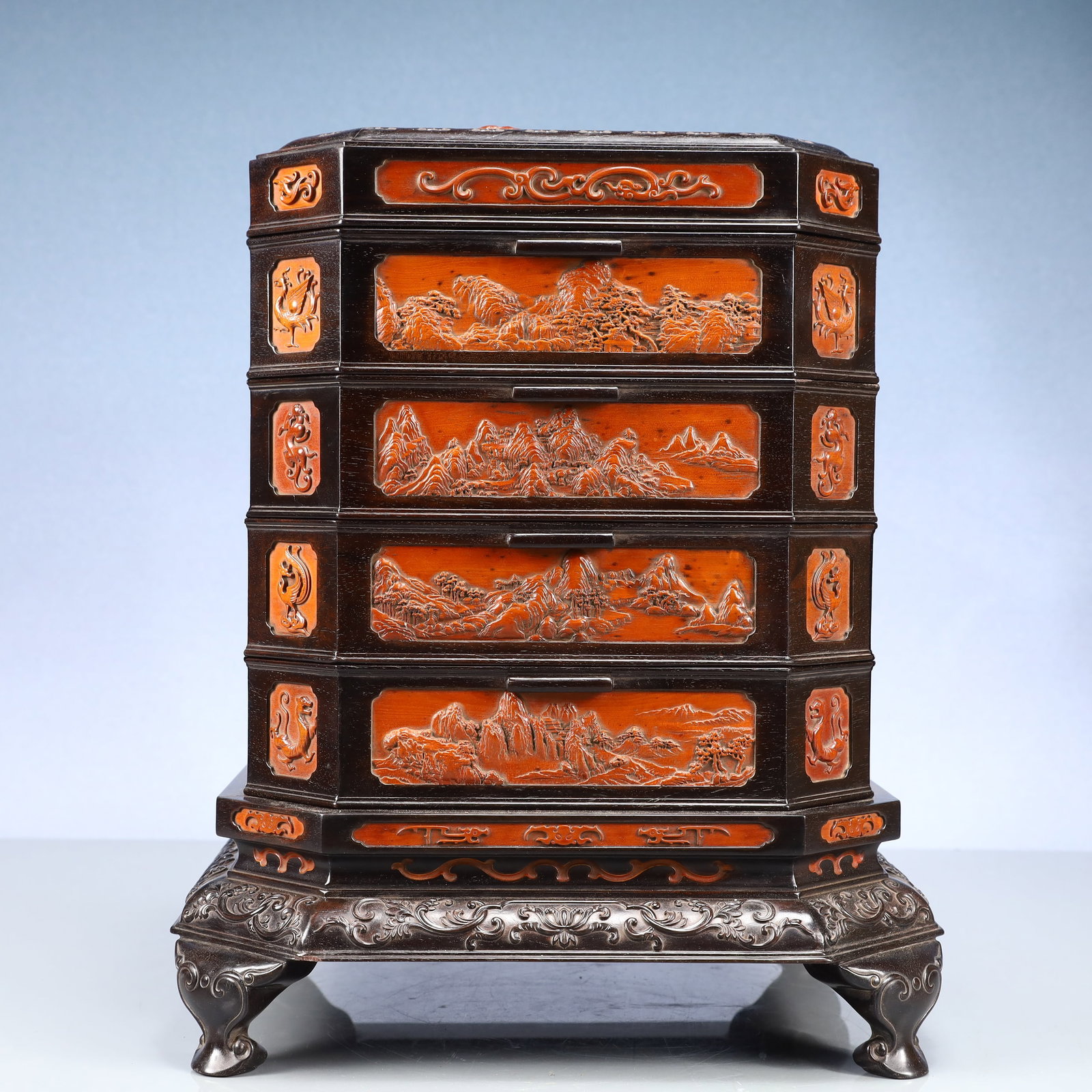 An Exquisite Zitanwood Inlaid Boxwood Landscape Pattern Cover Box (1 of 13)