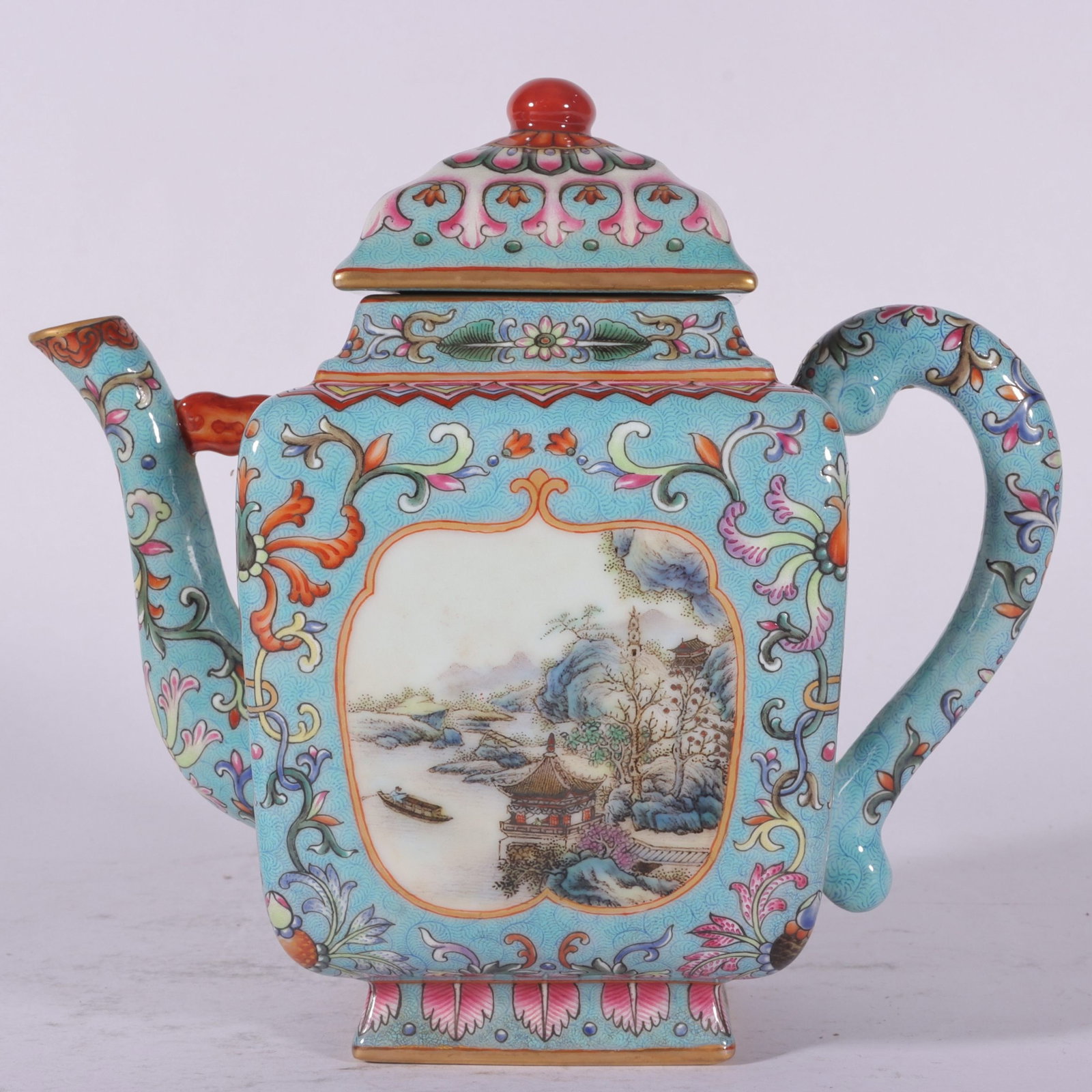 An Exquisite Enamel Turquoise Ground Painted Gold Lotus,Landscape and Figure Pattern Ewer: An Exquisite Enamel Turquoise Ground Painted Gold Lotus,Landscape and Figure Pattern Ewer,Qing Dynasty, China,Qianlong Four-character Mark,Size:6.9inx4.3in 珐琅彩松石 