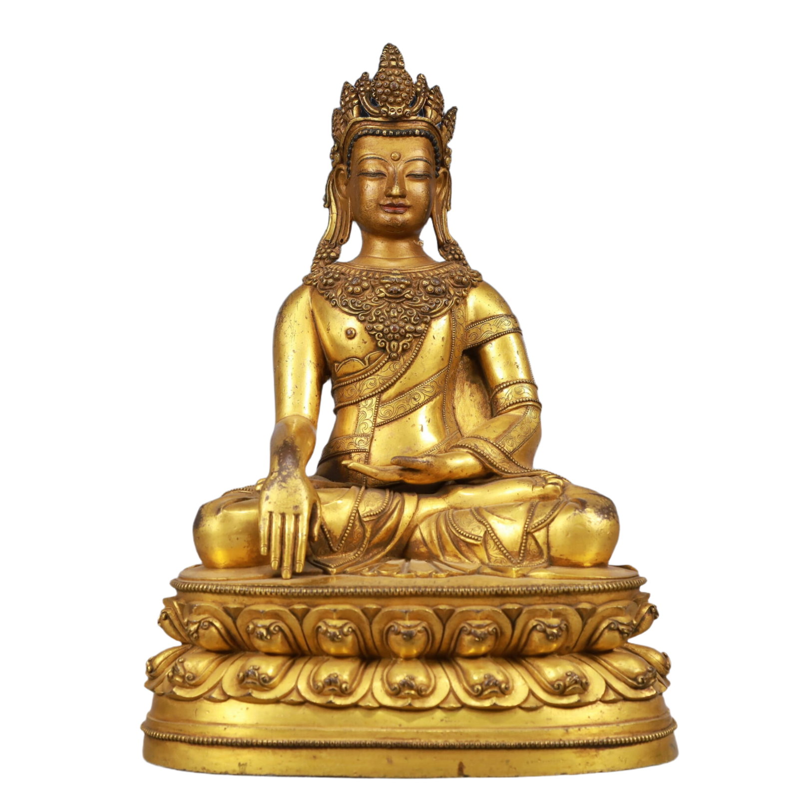 A Solemn Gilt Bronze Statue of Gautama??s Mother: A Solemn Gilt Bronze Statue of Gautama’s Mother, Ming Dynasty, China, Yongle Six-character Mark, Size:8.3inx6.7inx11.8in, Weight:4700g 铜鎏金佛母像,中&#