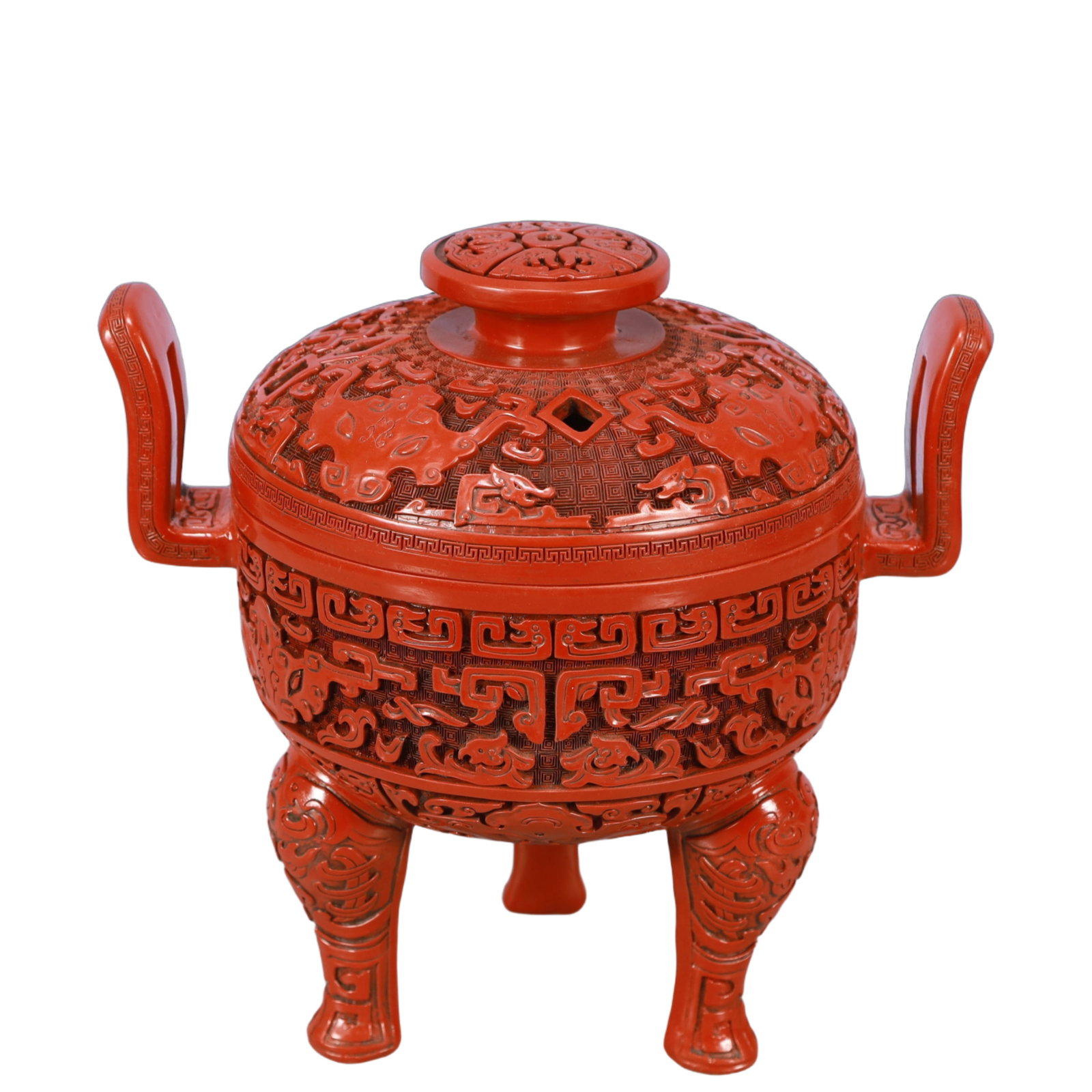 An Exquisite Carved Red Lacquer Beast-Face Pattern Double-Ears and Tripod Censer: An Exquisite Carved Red Lacquer Beast-Face Pattern Double-Ears and Tripod Censer,Qing Dynasty, China,Size:10inx7.1inx22in,Weight:1850g 剔红漆器兽面纹双&