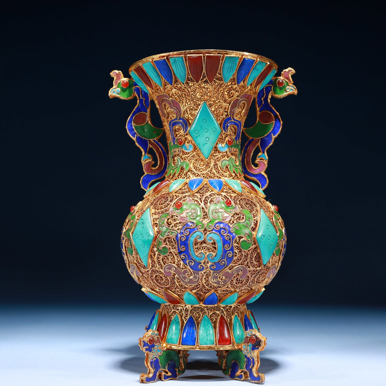 An Exquisite Filigree and Gilding Chi-Dragon Pattern Double-Ears Vase,Inlaid Turquoise: An Exquisite Filigree and Gilding Chi-Dragon Pattern Double-Ears Vase,Inlaid Turquoise,Qing Dynasty,China,Qianlong Four-character Mark,Size:4.3inx8.3in,Weight:700g 掐丝鎏金"