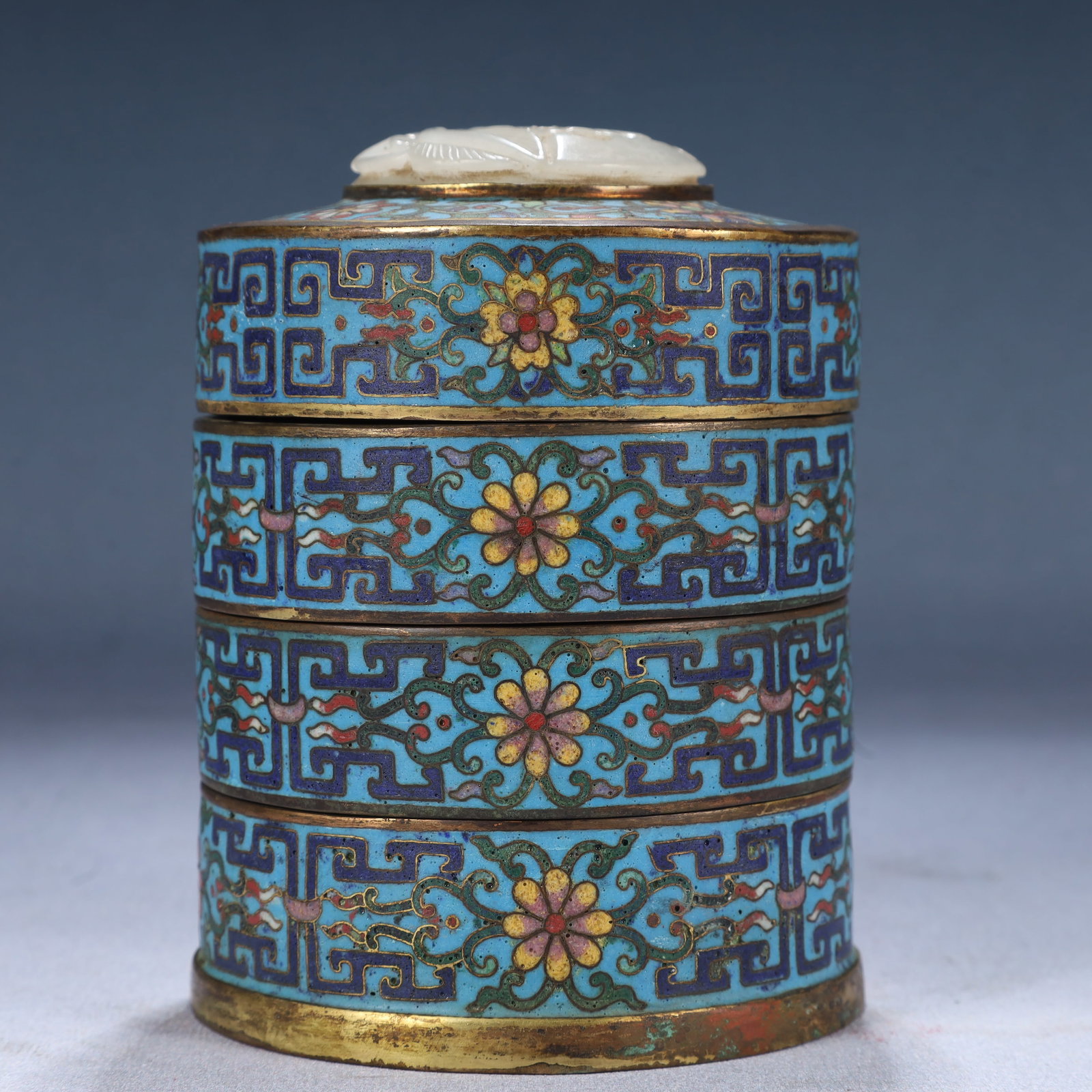 An Exquisite Cloisonne Flower and Bird Pattern Hollow Cover Box,Inlaid White Jade: An Exquisite Cloisonne Flower and Bird Pattern Hollow Cover Box,Inlaid White Jade,Qing Dynasty, China,Qianlong Four-character Mark,Size:3.9inx5.1in,Weight:140g 景泰蓝花鸟