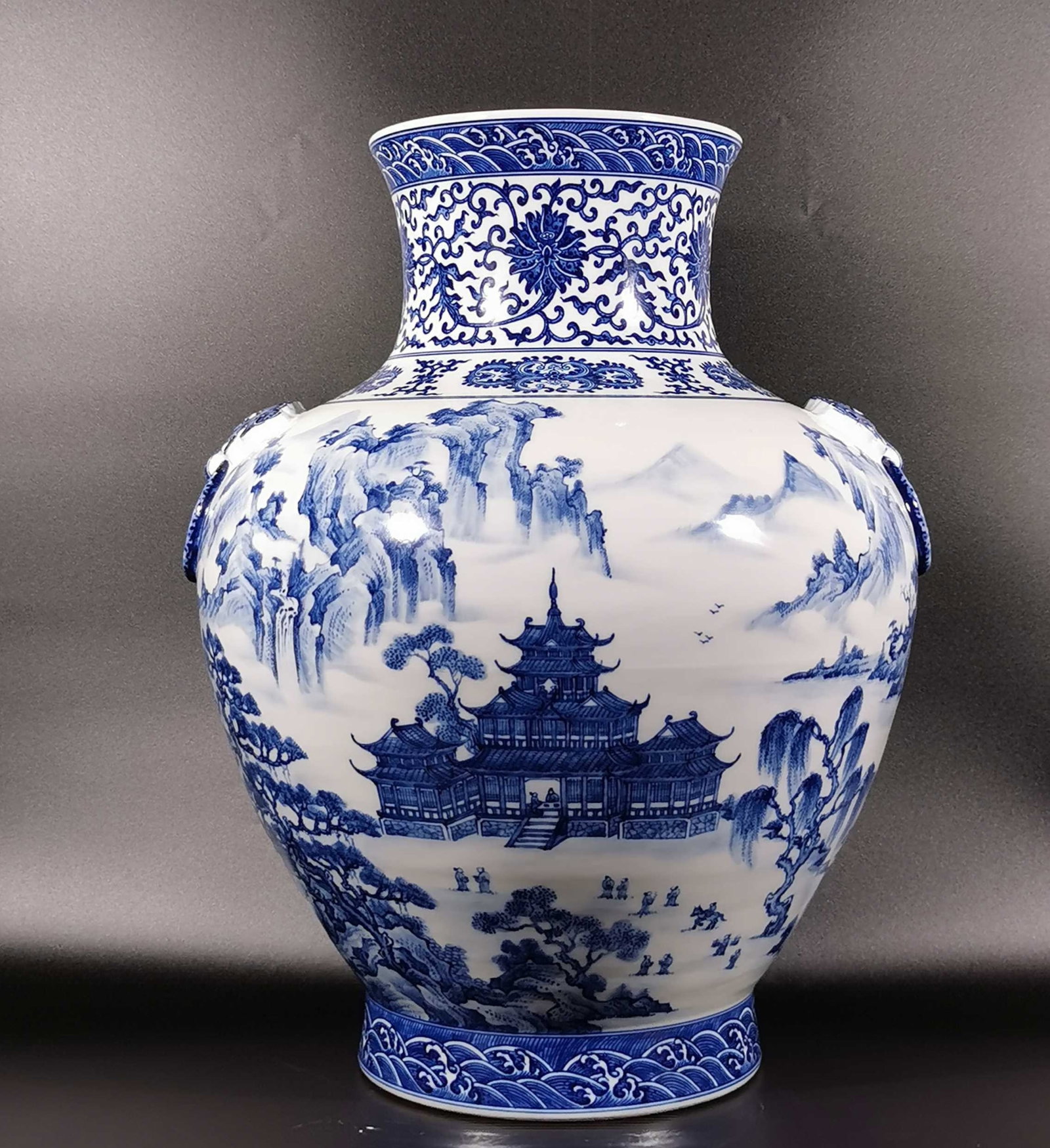 A Huge Blue and White Lotus,Landscape and Figure Pattern Beast-Ears Vase: A Huge Blue and White Lotus,Landscape and Figure Pattern Beast-Ears Vase,Qing Dynasty, China,Yongzheng Six-character Mark,Size:20.5inx8.1inx15.4in 青花缠枝莲山ĕ