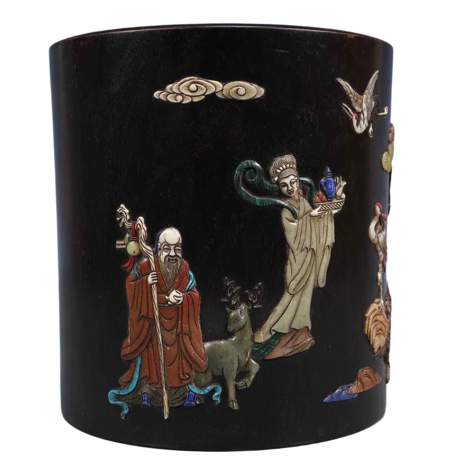 An Exquisite Zitanwood Landscape and Figure Pattern Brush Pot,Inlaid Gems,With Poem: An Exquisite Zitanwood Landscape and Figure Pattern Brush Pot,Inlaid Gems,With Poem,Qing Dynasty, China,Qianlong Four-character Mark,Size:7.5inx7.9in 紫檀木山水人&#