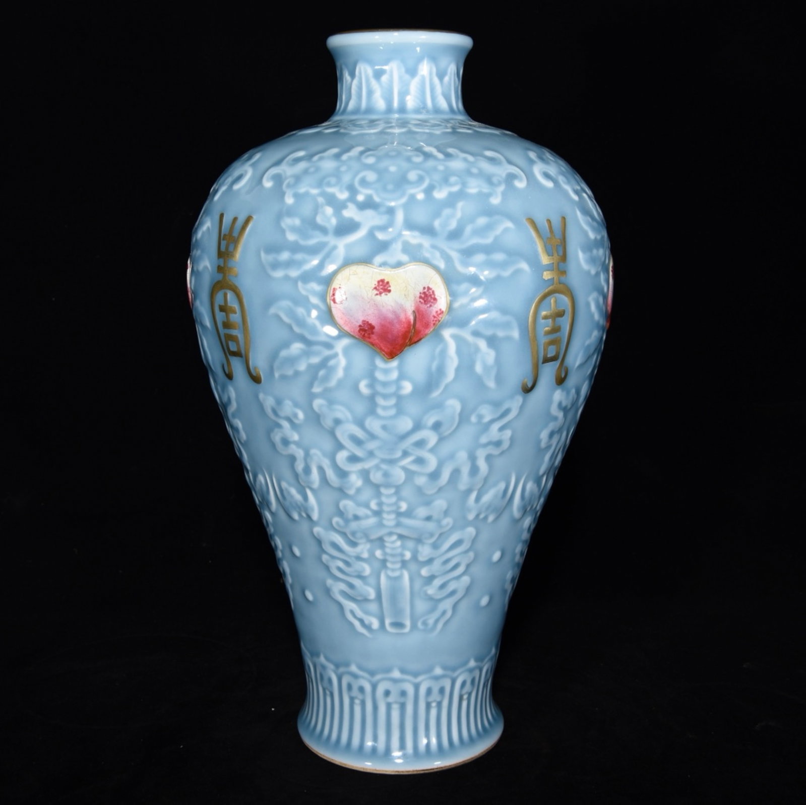 A Rare Celadon Glazed Famille-Rose Painted Gold Bats and Peach Pattern Vase: A Rare Celadon Glazed Famille-Rose Painted Gold Bats and Peach Pattern Vase,Qing Dynasty, China,Qianlong Six-character Mark,Size:13.4inx7.9in 青釉粉彩描金福&#