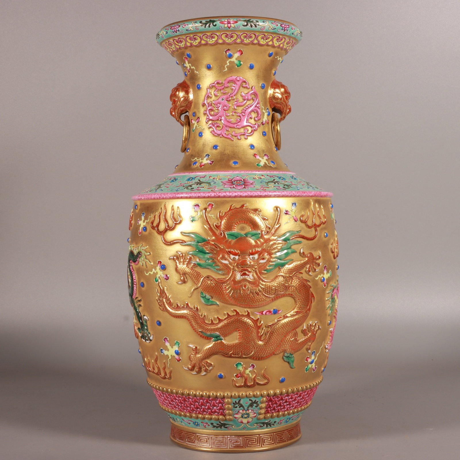 A Rare Enamel Gold Ground Auspicious Cloud and Dragon Pattern Lion-Ears Vase: A Rare Enamel Gold Ground Auspicious Cloud and Dragon Pattern Lion-Ears Vase,Qing Dynasty, China,Qianlong Six-character Mark,Size:12.6inx6.7in 珐琅彩金地祥云&