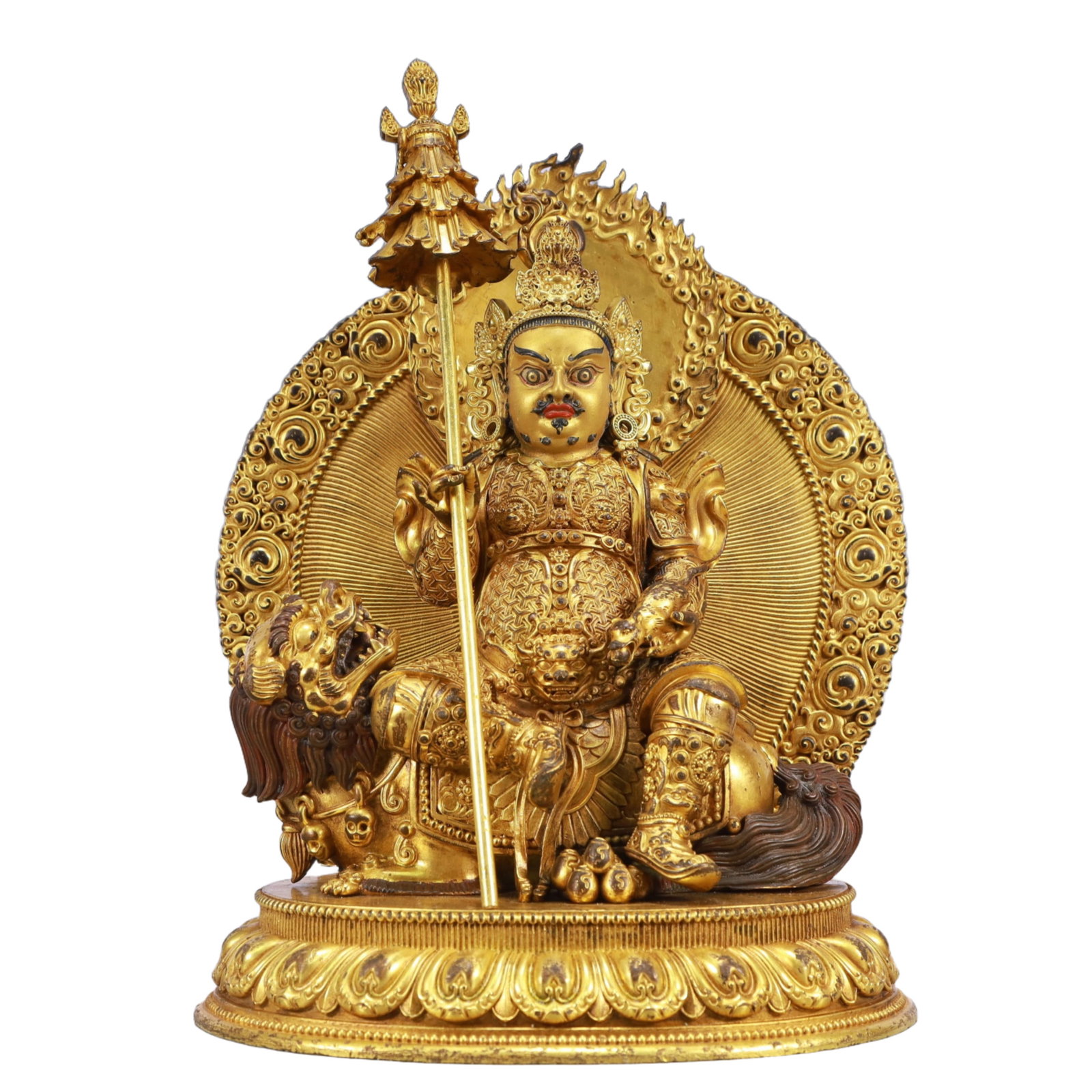 A Solemn Gilt Bronze Statue of Mammon Rides the Lion,With Inscription: A Solemn Gilt Bronze Statue of Mammon Rides the Lion,With Inscription,Qing Dynasty, China,Size:8.7inx5.1inx11.8in,Weight:6850g 铜鎏金骑狮财神像,带