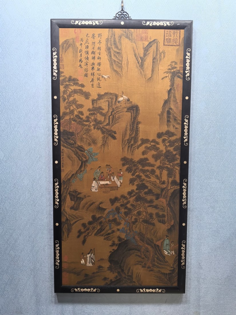 A Chinese Ink Painting of Landscape and Figure on Silk With Zitanwood Frame,Du Fu: A Chinese Ink Painting of Landscape and Figure on Silk With Zitanwood Frame,Du Fu,Size:28.1inx56.6in 一幅中国水墨绢本山水人物