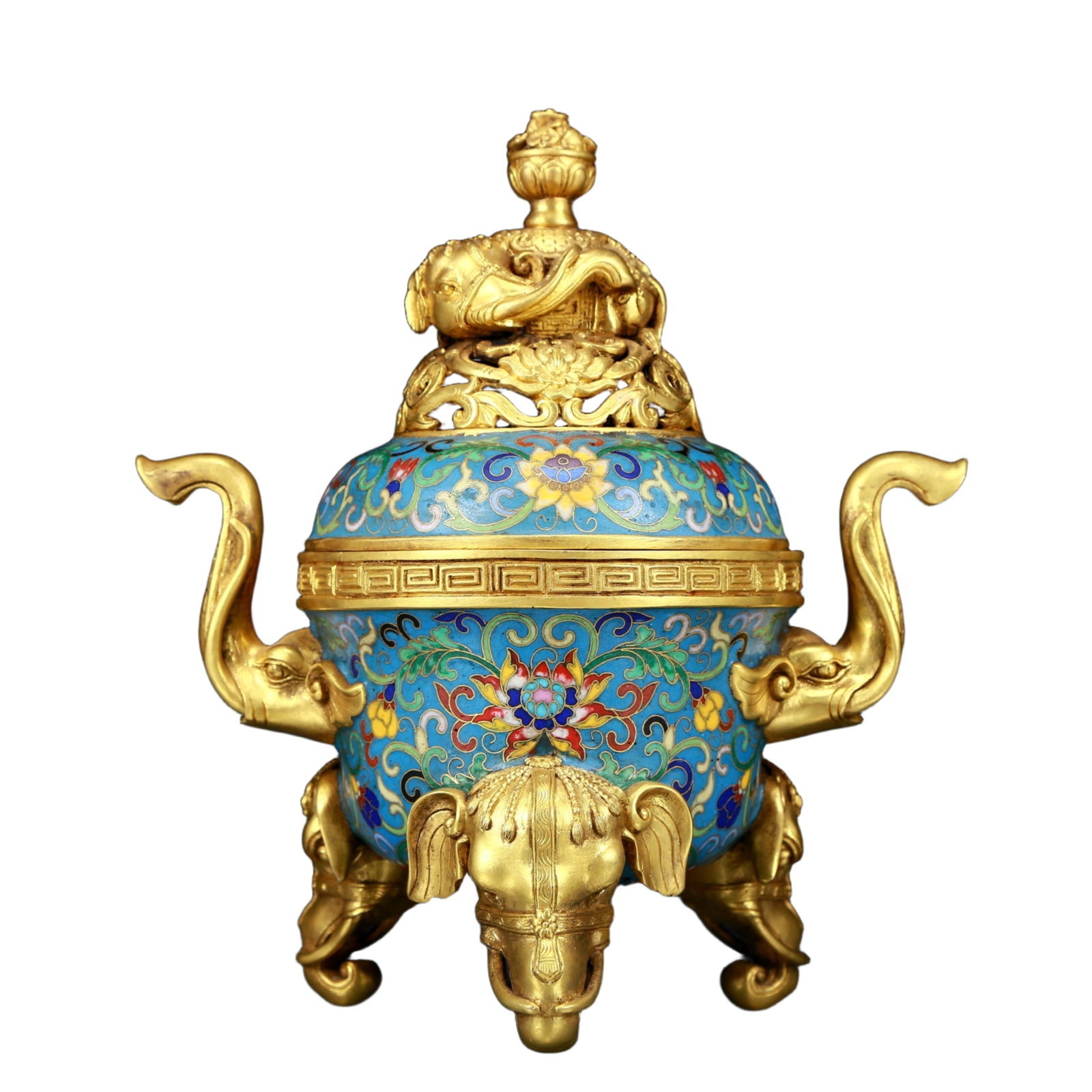 A perfect cloisonn?? elephant ear tripod censer with lid: A perfect cloisonne lotus pattern elephant ear tripod censer with lid, the application of filigree technology makes the decoration of this collection more delicate and three-dimensional. This collecti