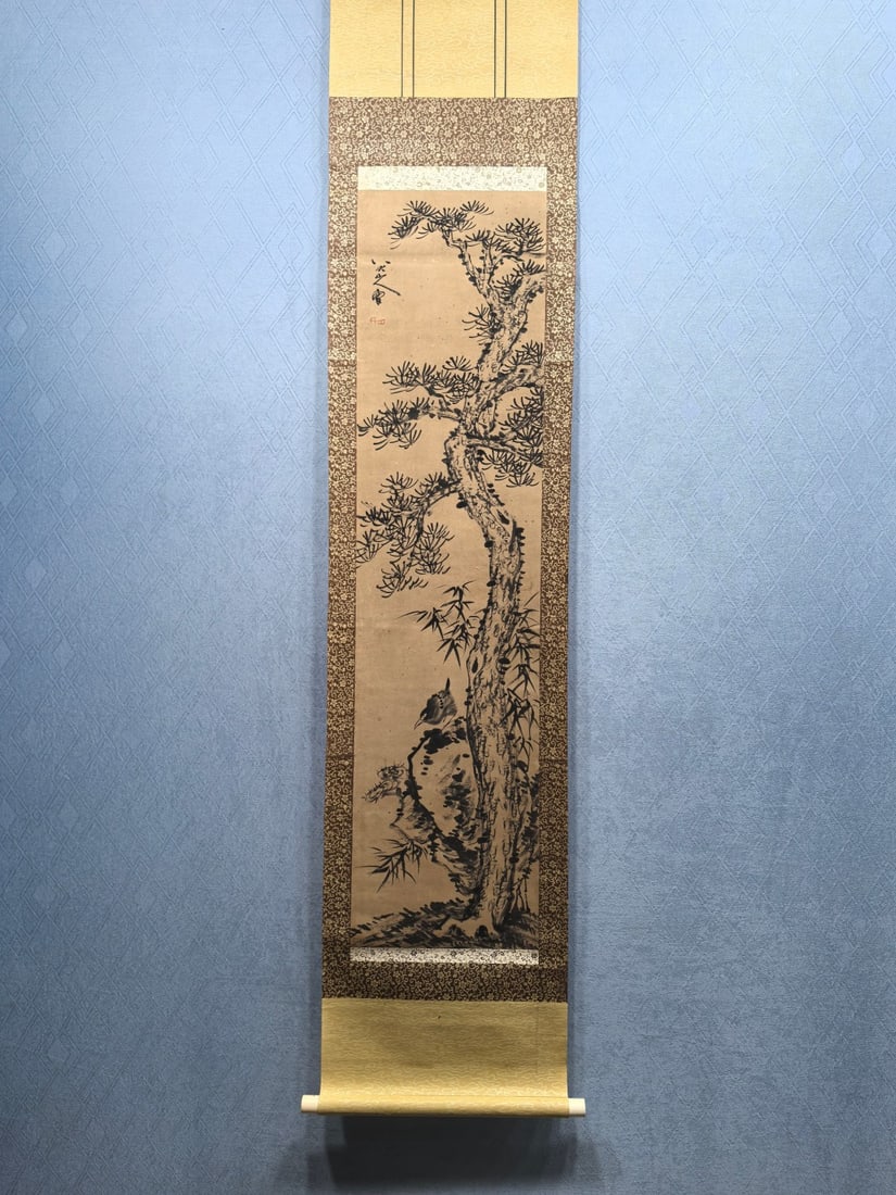 A Chinese Vertical Scroll Ink Painting of Pine and Bird on Paper,Bada Shanren: A Chinese Vertical Scroll Ink Painting of Pine and Bird on Paper,Bada Shanren,Size:12.1inx48.6in