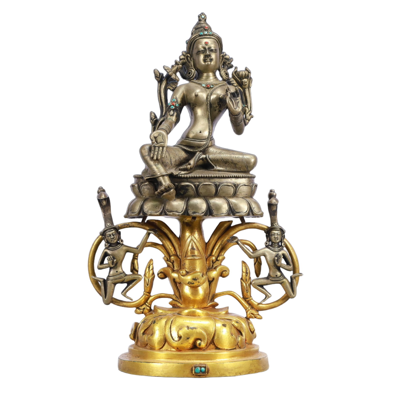 A Solemn Gilt Bronze Statue of Tara,Inlaid Turquoise: A Solemn Gilt Bronze Statue of Tara,Inlaid Turquoise,Ming Dynasty, China,Size:7.9inx5.1inx13.4in,Weight:3300g 铜鎏金度母像,嵌绿松石,中