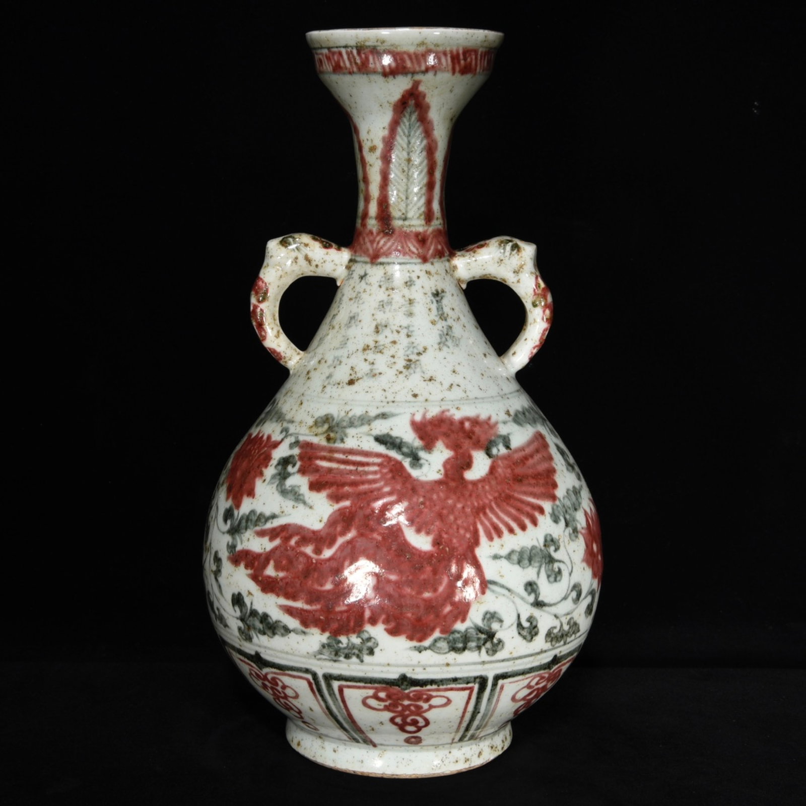 A Rare Blue and White Underglaze-Red Lotus and Phoenix Pattern Double-Ears Vase: A Rare Blue and White Underglaze-Red Lotus and Phoenix Pattern Double-Ears Vase,Yuan Dynasty, China,Size:14inx7.9in