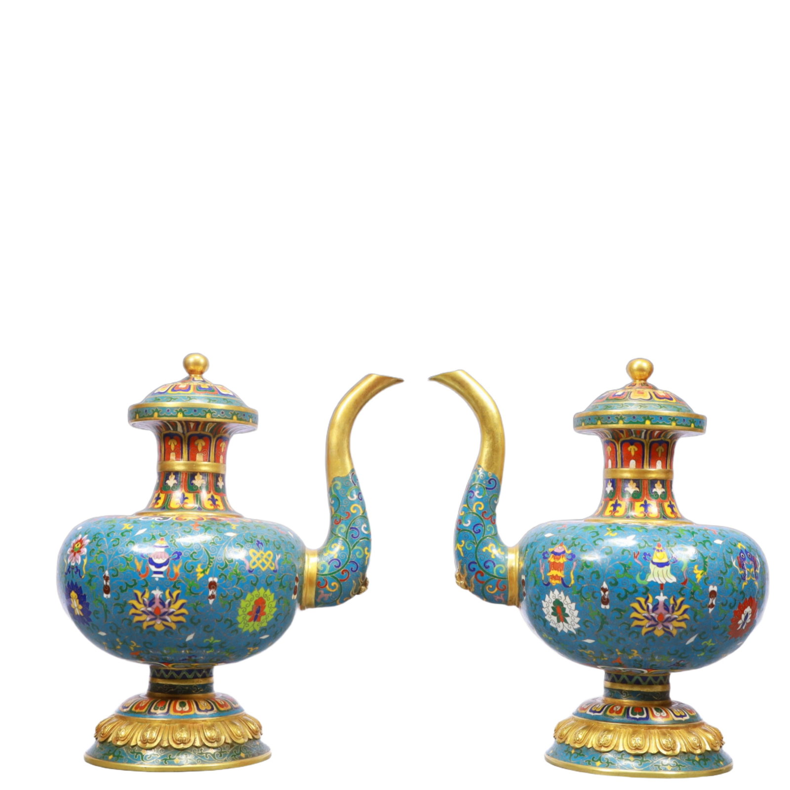 A Pair of Monumental Cloisonne Lotus Pattern Teapots: A Pair of Monumental Cloisonne Lotus Pattern Teapots,Qing Dynasty, China,Qianlong Four-character Mark,Size:11.4inx7.9inx13.8in Weight:13600g