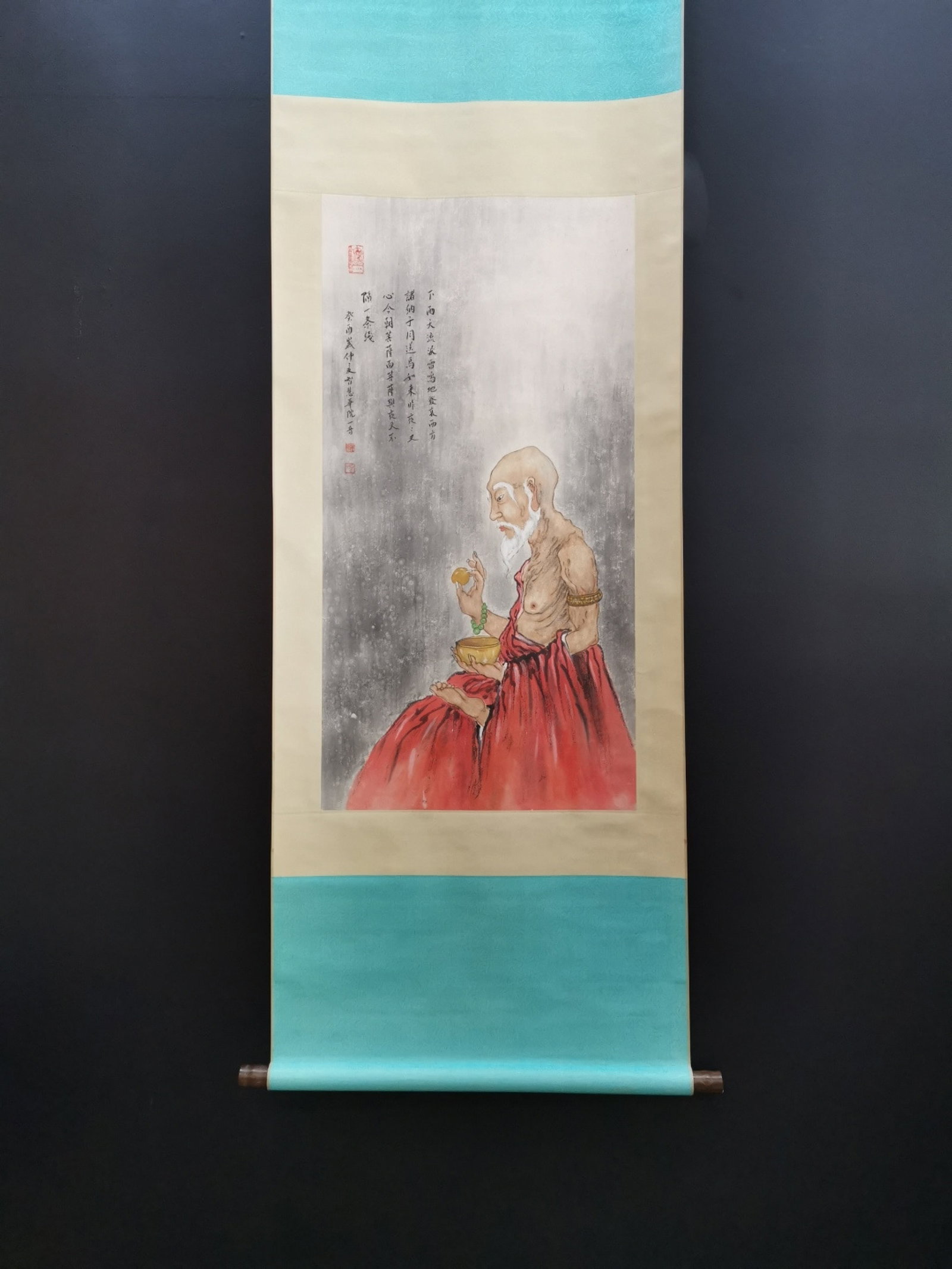 A Chinese Vertical Scroll Ink Painting of Figure on Paper,Hong Yi: A Chinese Vertical Scroll Ink Painting of Figure on Paper,Hong Yi,Size:(Without frame)19.1inx37.4in