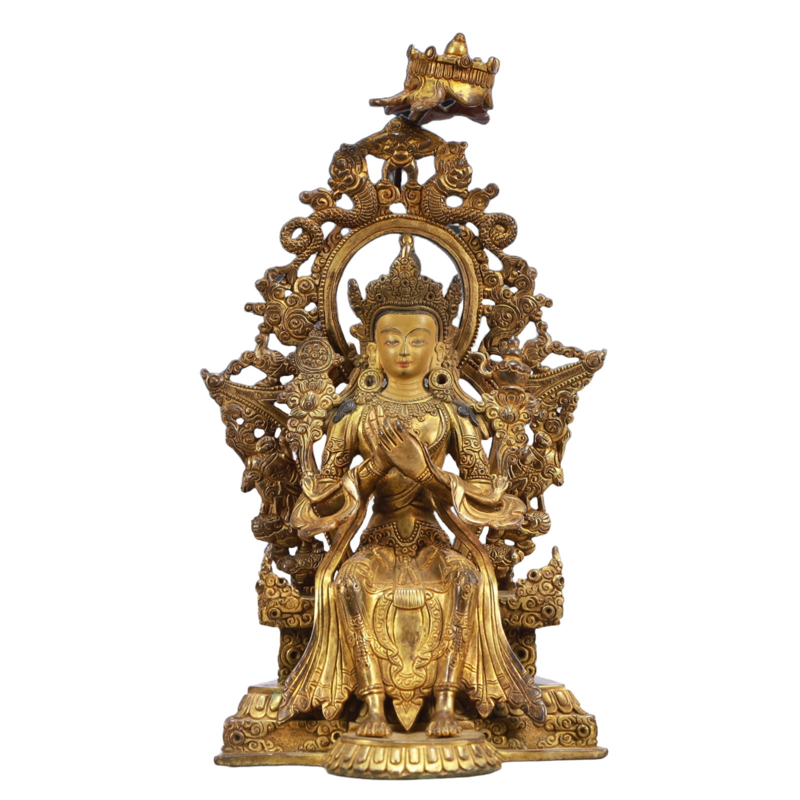 A Solemn Gilt Bronze Statue of Bodhisattva: A Solemn Gilt Bronze Statue of Bodhisattva,Qing Dynasty, China,Size:5.5inx4.3inx10.6in,Weight:2250g 铜鎏金菩萨像,中国清代