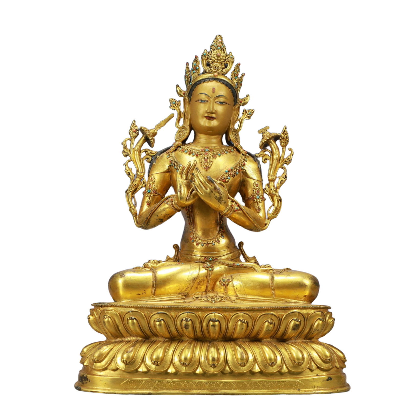 A Solemn Gilt Bronze Statue of Manjusri: A Solemn Gilt Bronze Statue of Manjusri,Ming Dynasty, China,Size:16.1inx9.4inx23.2in Weight:19200g 铜鎏金文殊菩萨像,中国明代